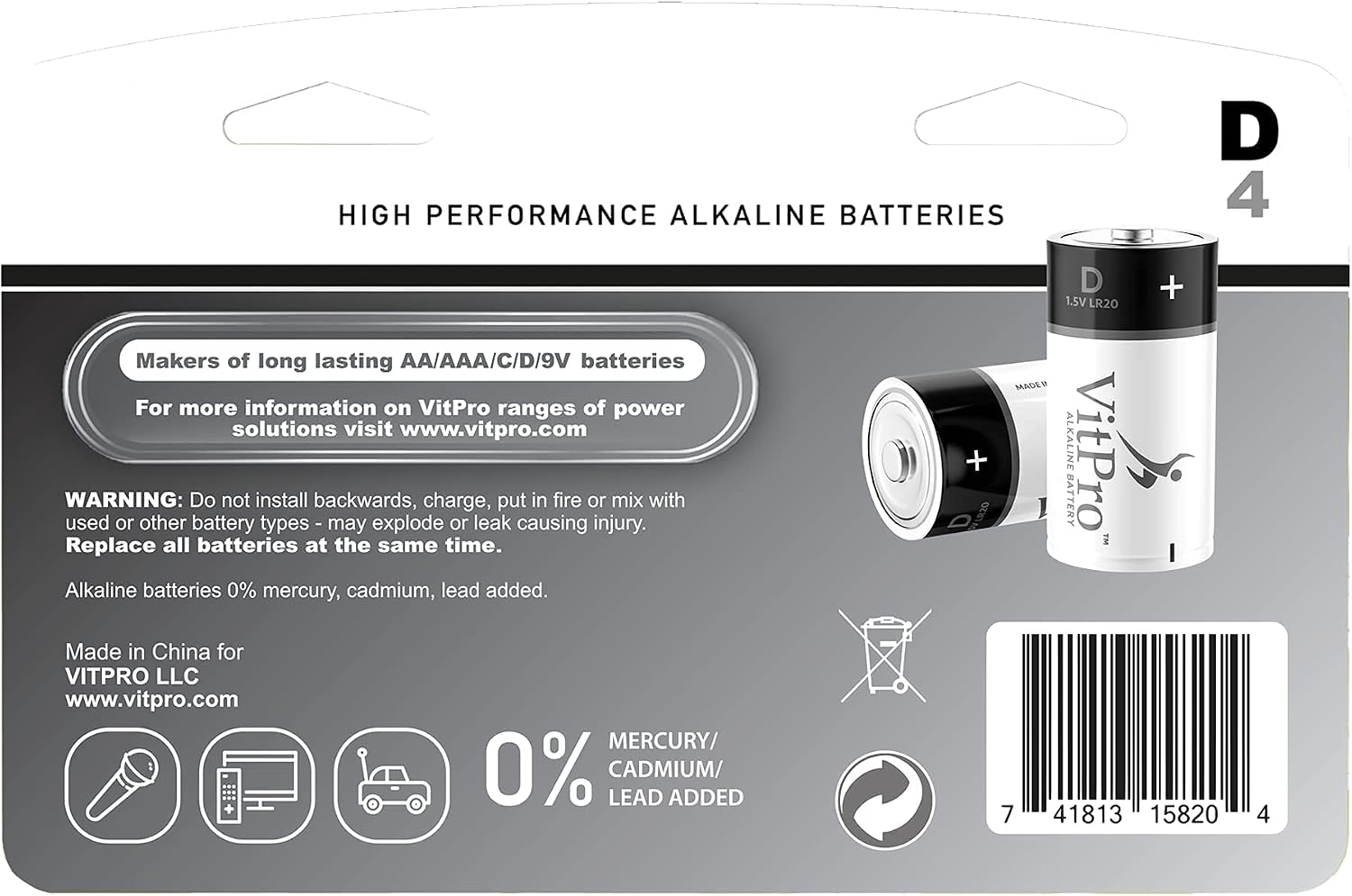VitPro D Batteries | 4 Pack | All-Purpose Alkaline Batteries | 5-Years Shelf Life | Easy to Open | Premium Batteries (4 Pack)