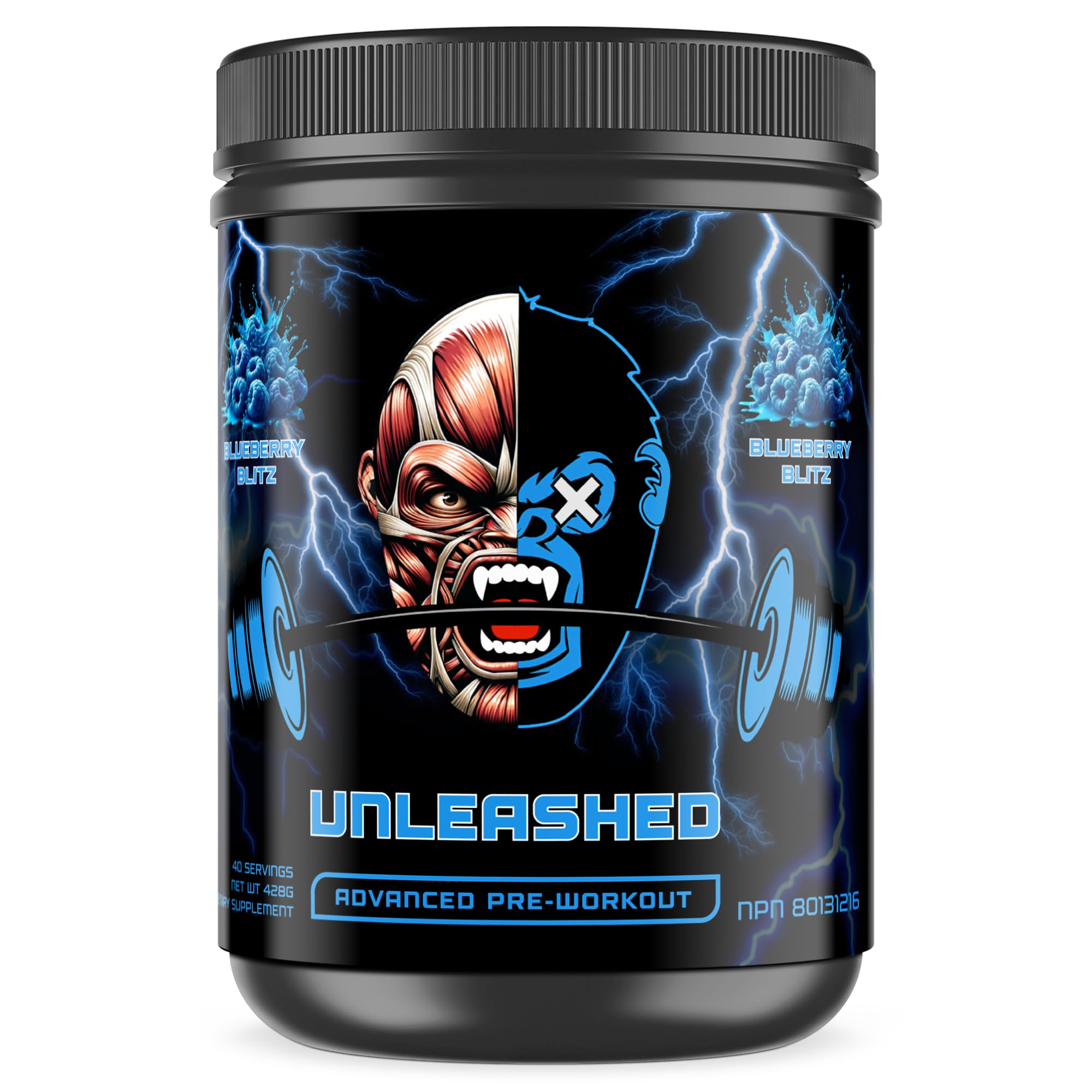 APE-X Unleashed Pre Workout Powder | High Stim Energy, Nitric Oxide Pumps, Enhanced Endurance & Focus | L-Citrulline, Beta Alanine, Alpha GPC, Caffeine | 40 Servings (Blueberry Blitz)