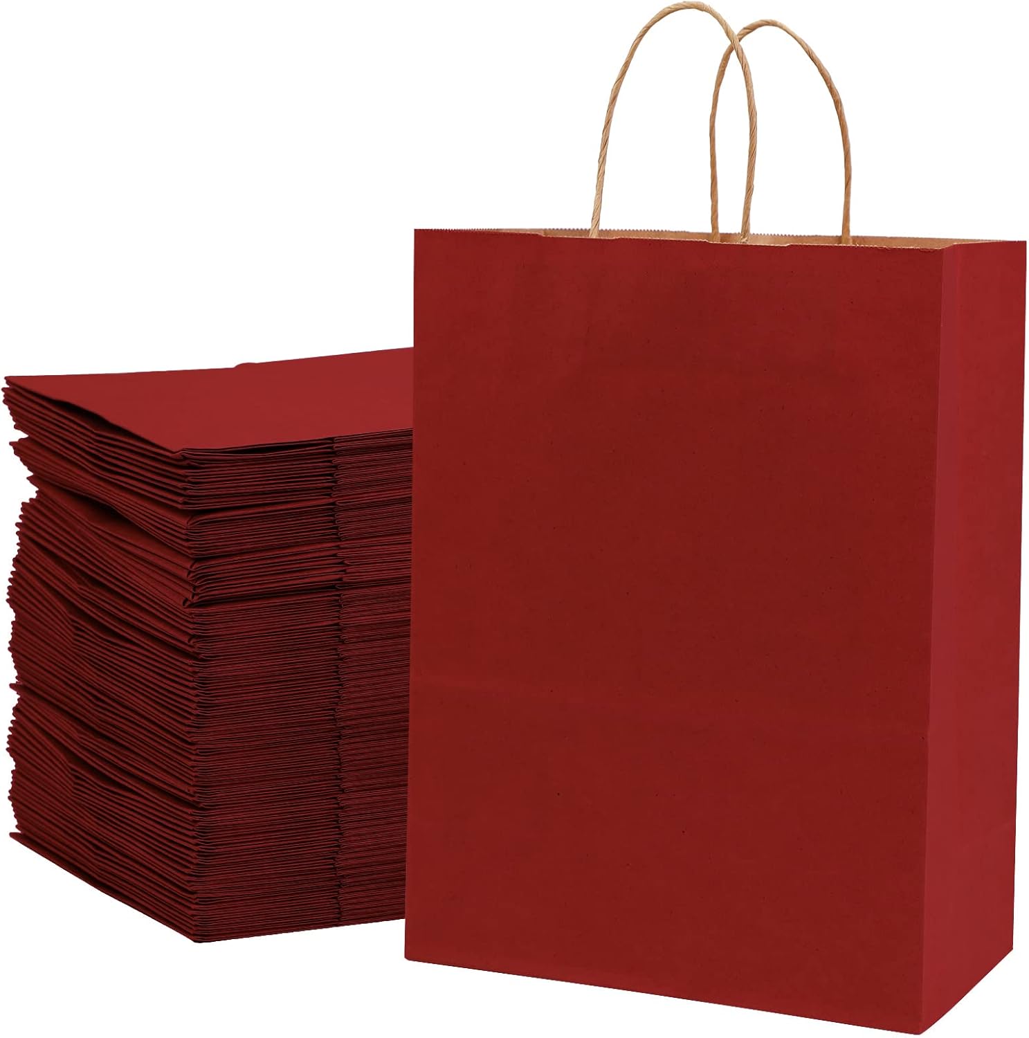 ECOptimize Kraft Paper Bags with Handles, 10" x 5" x 13" 100 PCS Festival Red - Eco-Friendly & Recyclable Gift Bags from 100% Wood Pulp - High Tear Resistance & Load Capacity for Retail, Shopping Pack of 100 Large: (10" x 5" x 13")