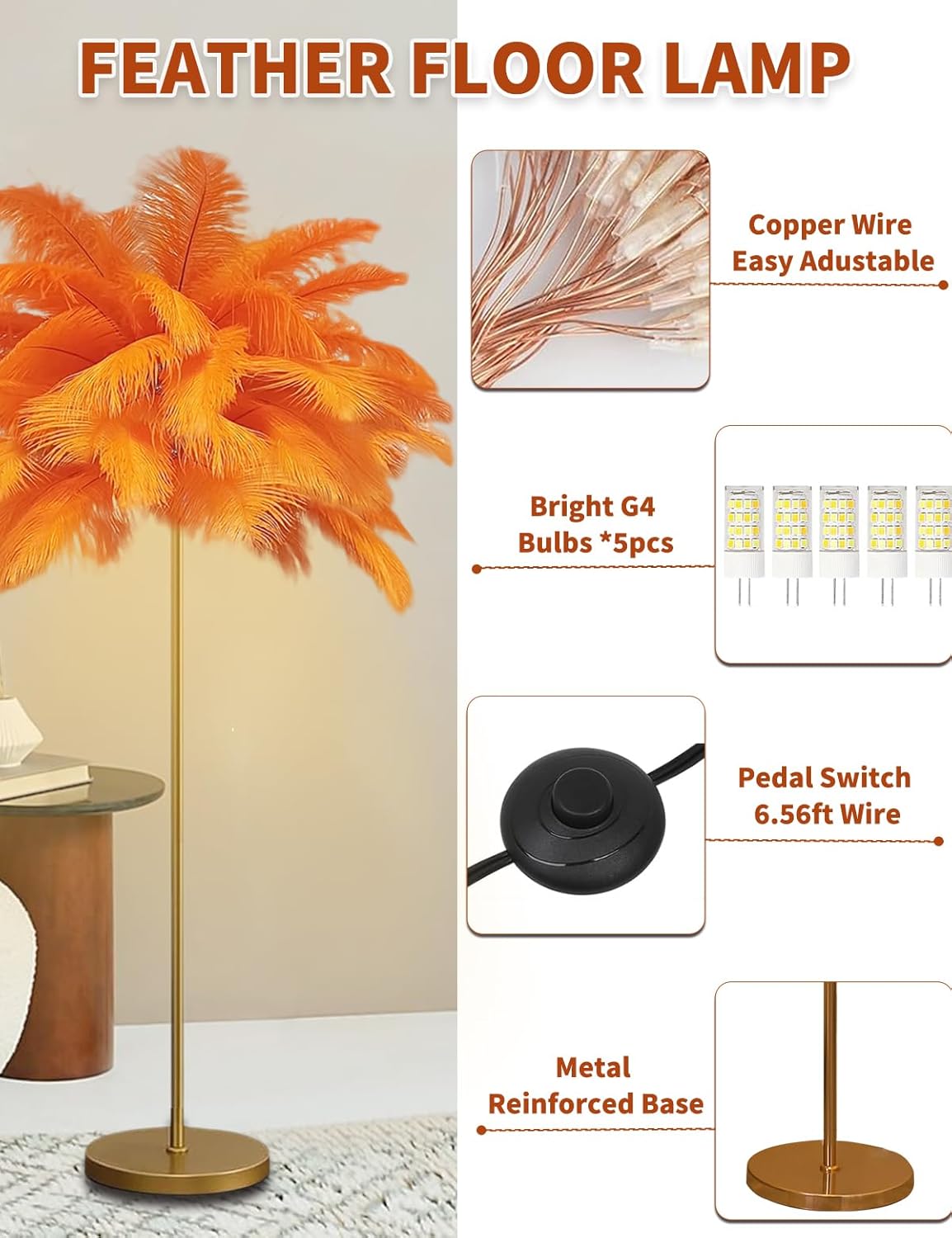 Feather Floor Lamp,Fluffy Ostrich Feather Floor Lamp for Bedroom,3 Color Temperatures Led Corner Modern Floor Lamps for Living Room Christmas Home Decor House Warming Gifts,63″ Height (Orange)