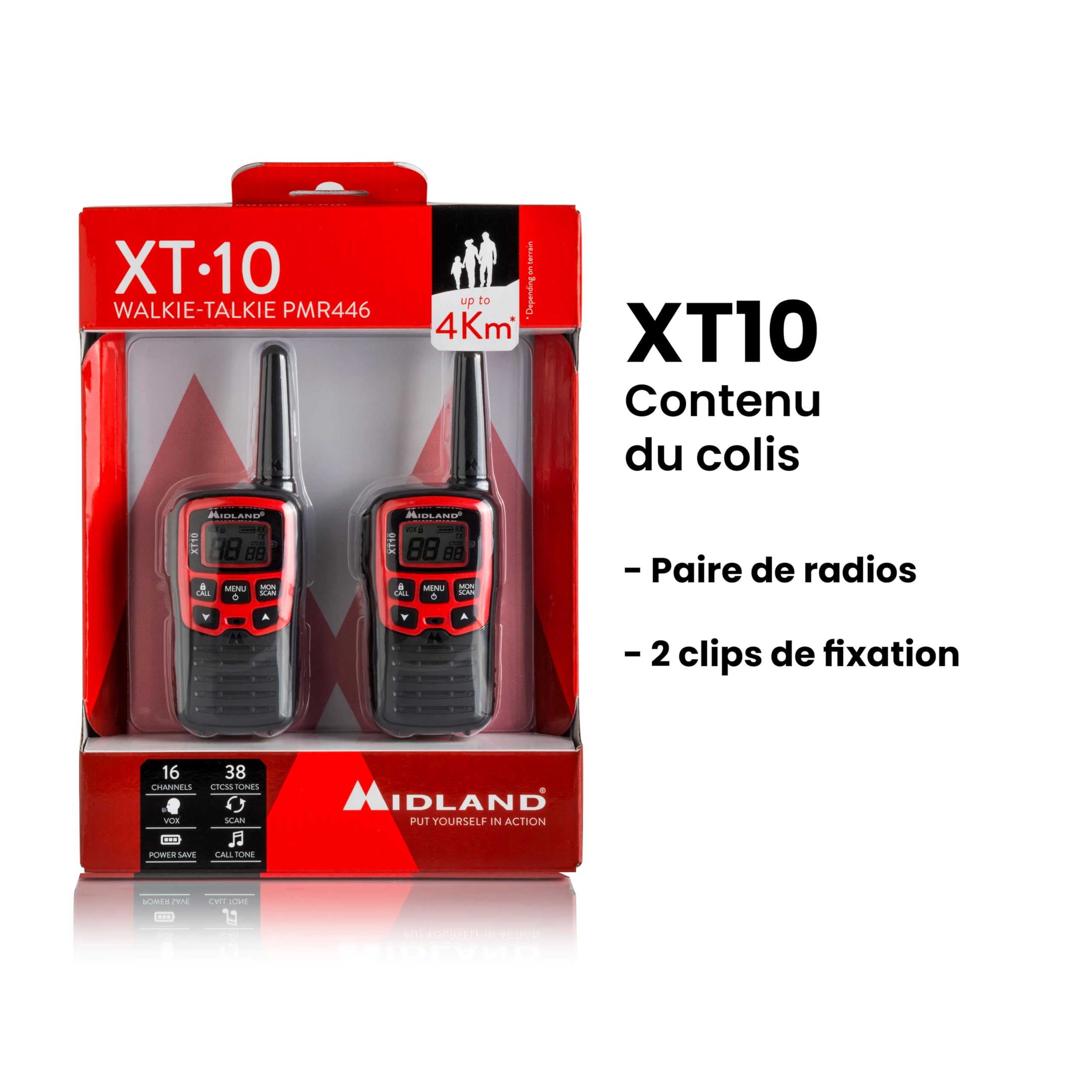 Midland - Talkie Walkie 4Km Professionnel XT10, 2 Radio Récepteur Émetteur Entry Level Chasse, Outdoor et Randonnée, 16 Canaux PMR446 sans Licence, 38 Tons CTCSS, VOX, SCAN, 2 Clips de Ceinture Inclus