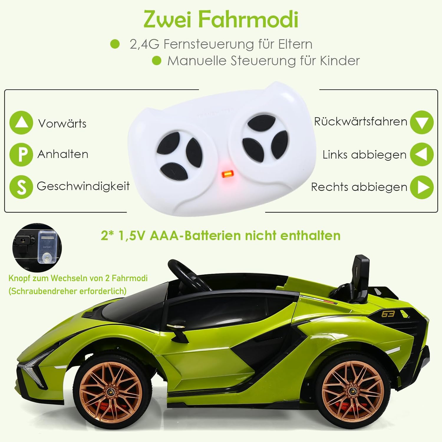 DREAMADE Kinder Elektroauto 12V mit 2,4 Ghz Fernbedienung & Sicherheitsgurt, Kinderauto, Kinderfahrzeug mit Licht & Musik & Hupe, Elektrofahrzeug für Kinder ab 3 Jahre (Grün)