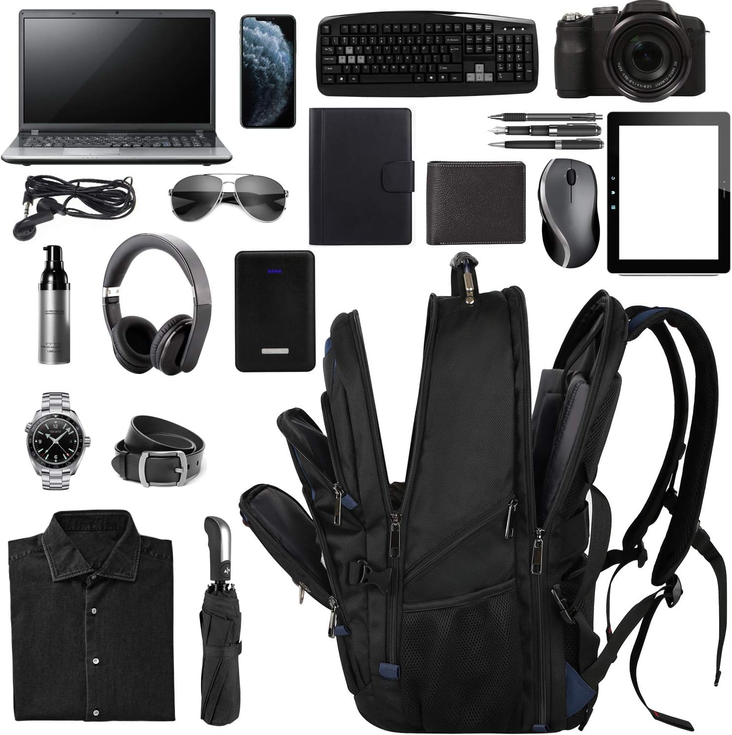 Zaino per laptop extra large per uomo e donna, Nero-blu, 17inch(19.0 * 14.6 * 10"), Zaino da viaggio