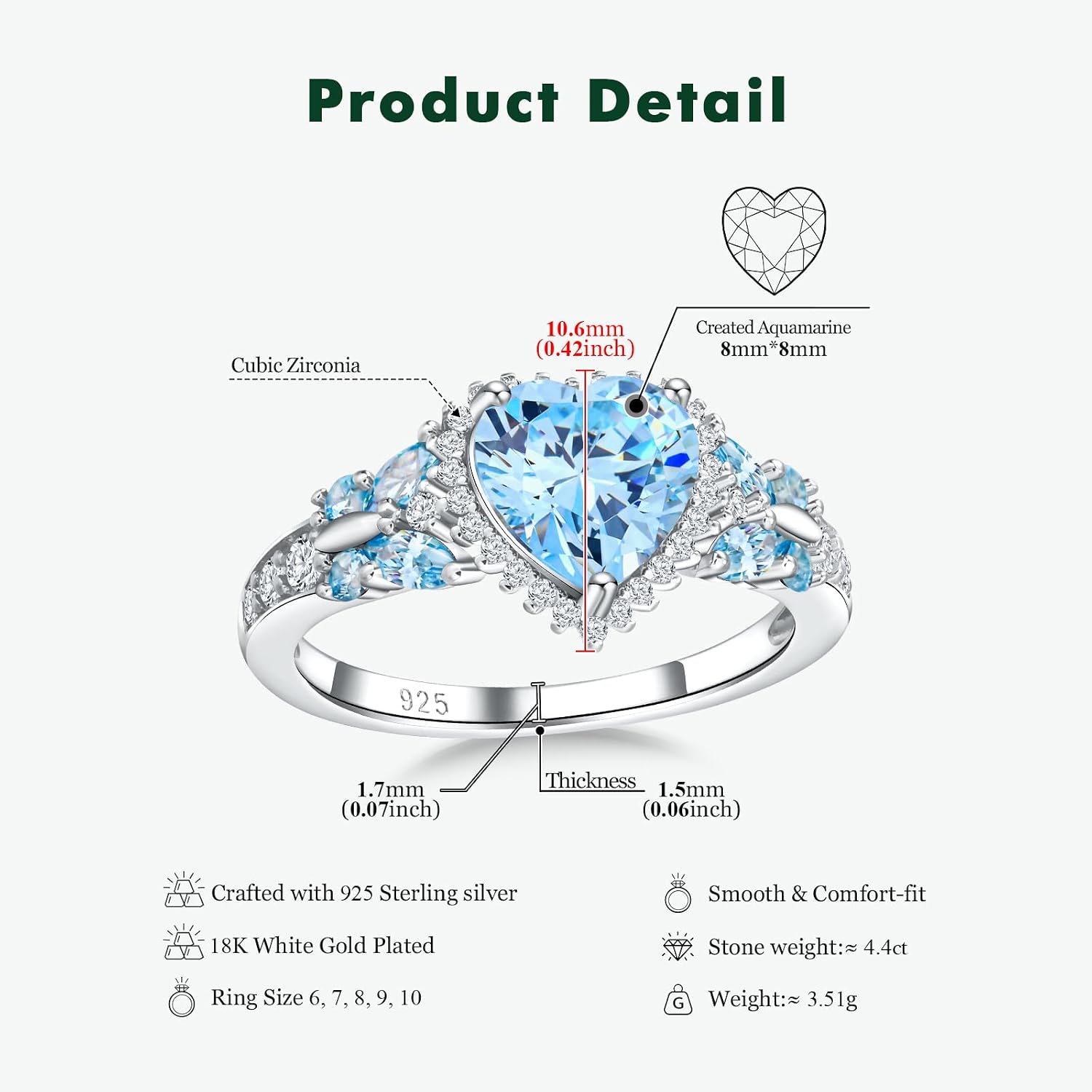Sterling Silver Butterfly Birthstone Rings for Women, 3 Carat Created Gemstone Diamond Heart/Pear Engagement Halo Ring, Promise Rings for Her, Wedding Anniversary Jewerly Size 6 to 10