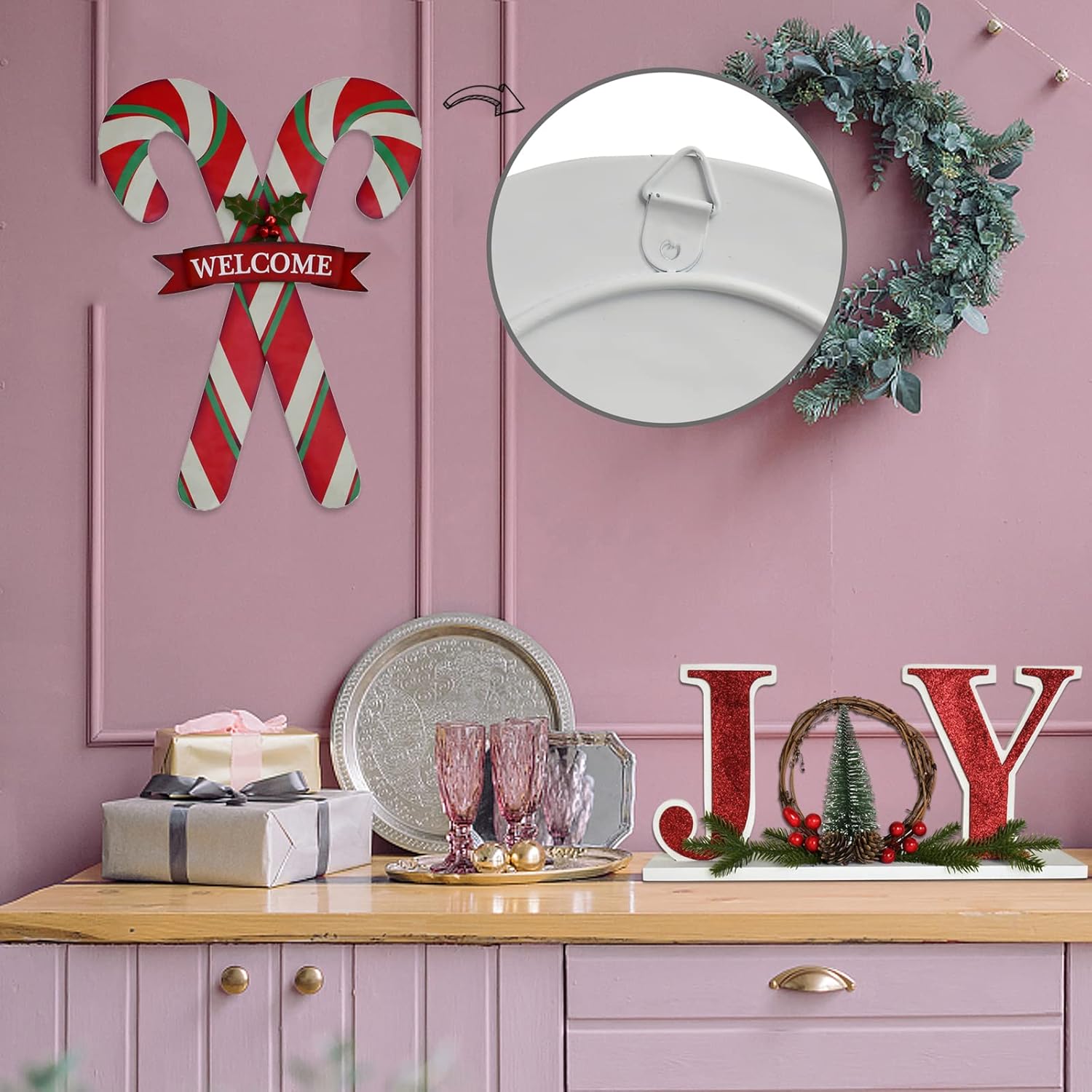 Merry Christmas Garden Stakes Hanging Candy Cane Welcome Sign Indoor Outdoor Xmas Winter Holiday Decoration for Yard Lawn Pathway Walkway Wall Art Party Supplier