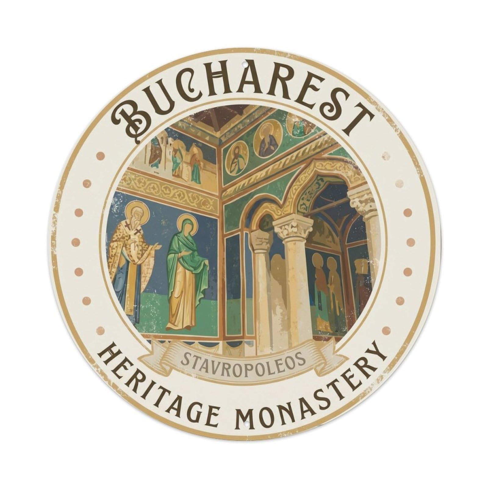 Fqcyn Style Vintage Travel Bucharest Monastery Heritage Metal Tin Sign