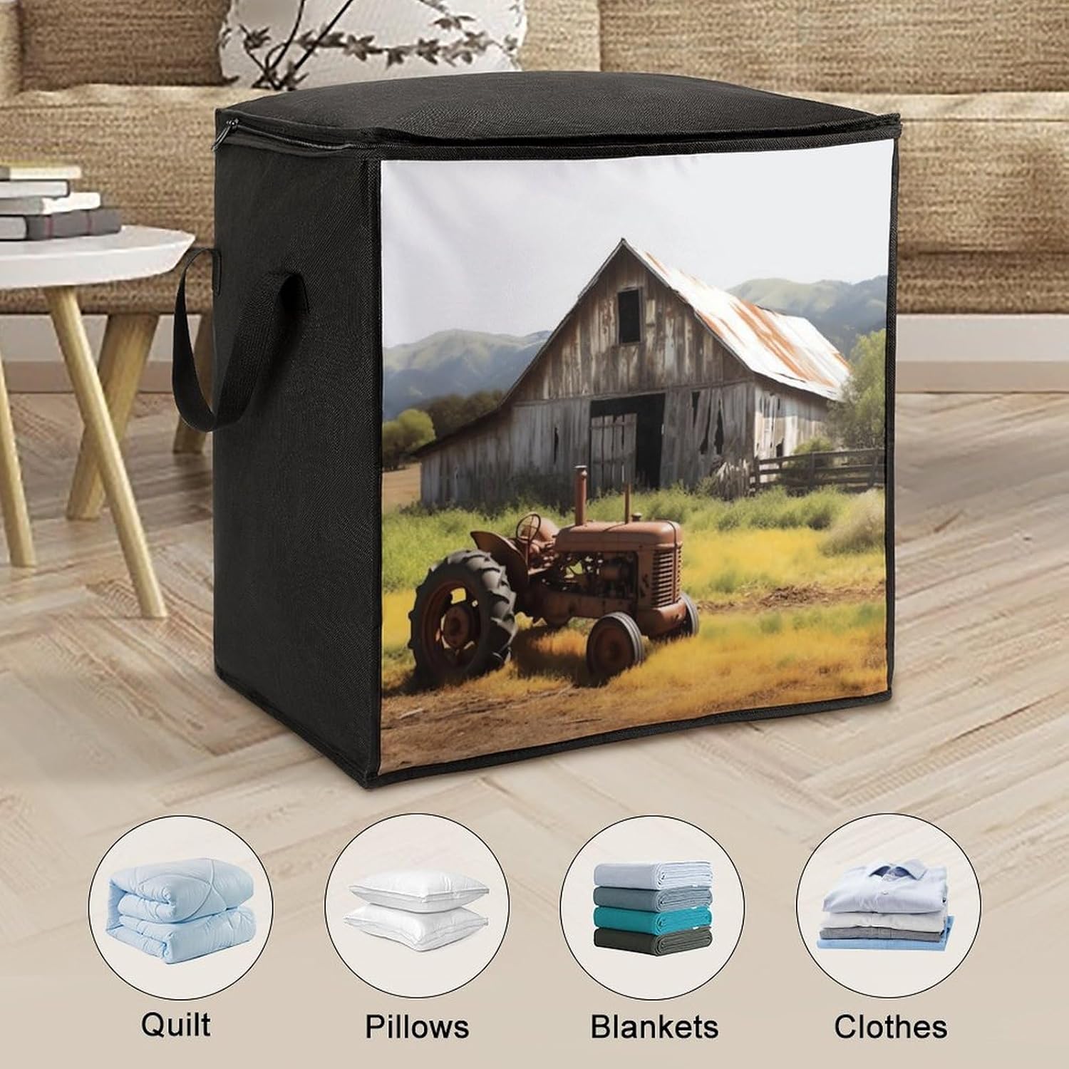 Quilt Storage Bag,Wooden Barn Rusted Tractor Printed Large Foldable Storage Container Portable Travel Storage Bag for Blankets, Quilts, Clothes, Comforter, Bedding And Pillows