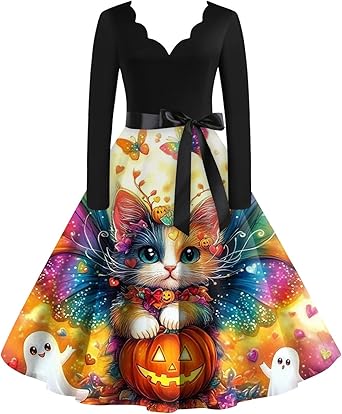 OIOLOYJM Sexy Plus Size Halloween Costumes Woman 2025 Long Sleeve V Neck Printed Gothic Retro Formal Party Dresses for Women