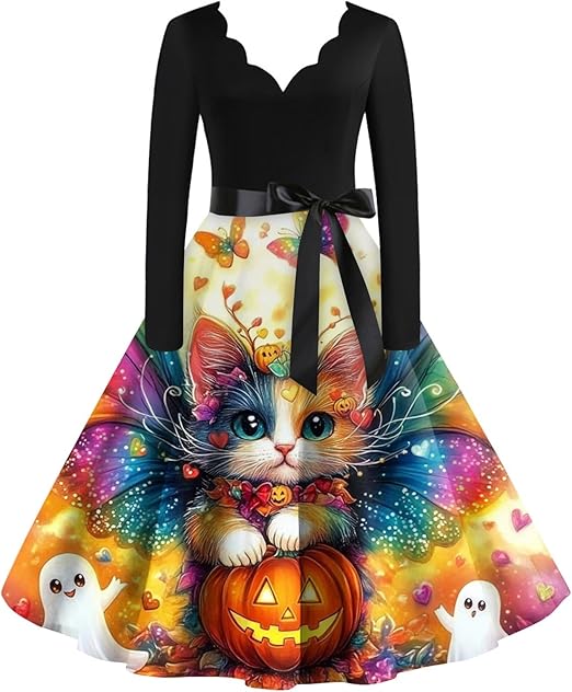 OIOLOYJM Sexy Plus Size Halloween Costumes Woman 2025 Long Sleeve V Neck Printed Gothic Retro Formal Party Dresses for Women