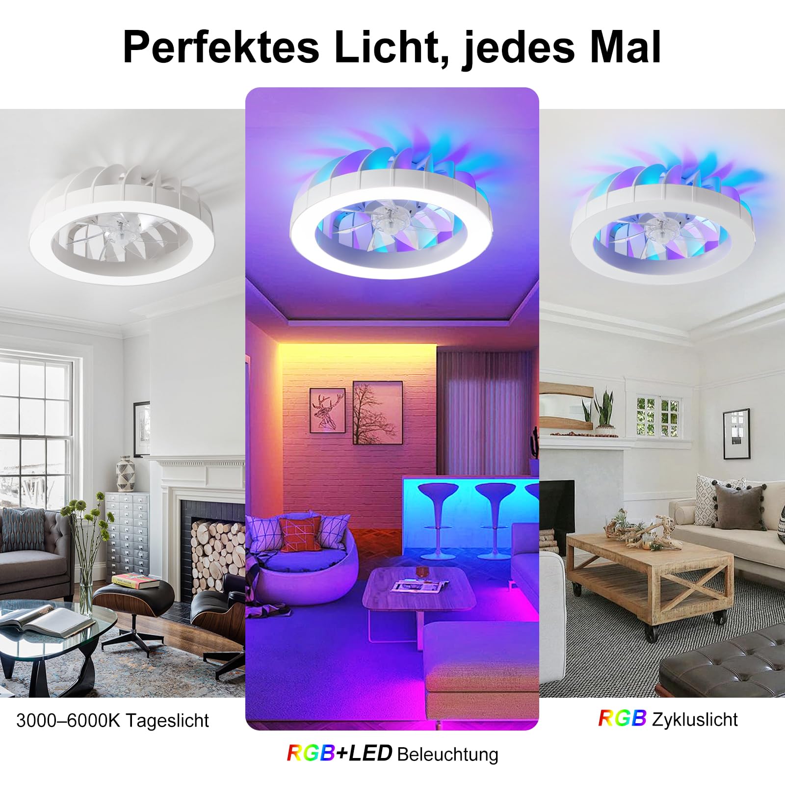 RGB Deckenventilator mit Beleuchtung, 6 Windstufen | Ø50CM RGB Deckenventilator mit Licht und Fernbedienung, Dimmbar Deckenleuchte mit Ventilator Leise, Wohn