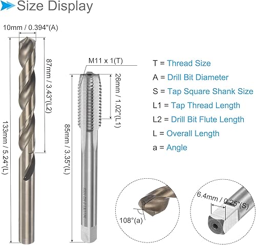 Miniatura 2 de Juego de brocas y roscas, M11 x 1 rosca de grifo de 0.394 in de diámetro de taladro, kit de herramientas métricas de rosca y broca helicoidal