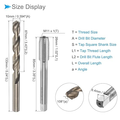 Miniatura 2 de Juego de brocas y roscas, M11 x 1 rosca de grifo de 0.394 in de diámetro de taladro, kit de herramientas métricas de rosca y broca helicoidal