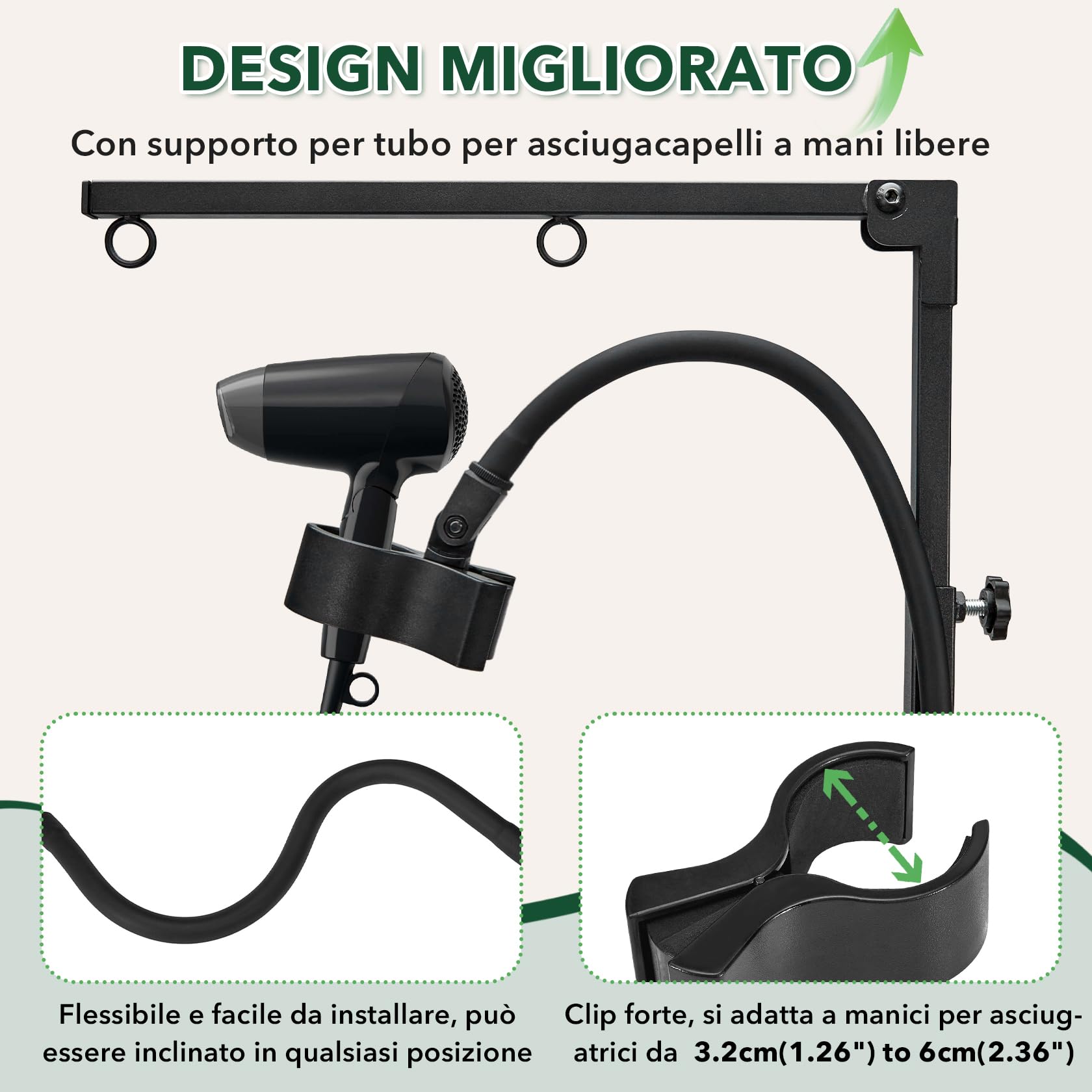 Pindex Braccio per Toelettatura Pieghevole con Morsetto, 29,13" – 40,94" (74–104 cm), con Supporto Asciugacapelli e Due Supporti Anti-Seduta per Cani Piccoli e Medi