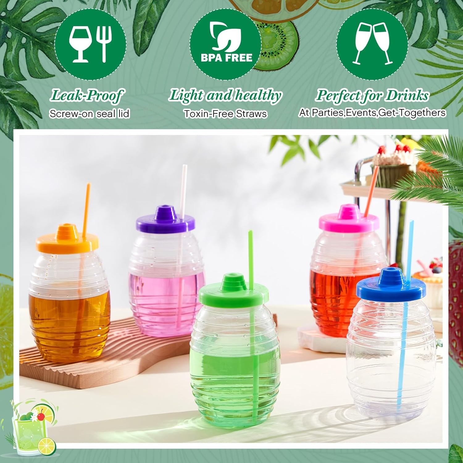 12 Pcs Mexican Mini Plastic Barrel 32oz Vitroleros Cups with Straw and Lid Mexican Jars in Assorted Colors for BBQ Party Fiesta Party Decorations