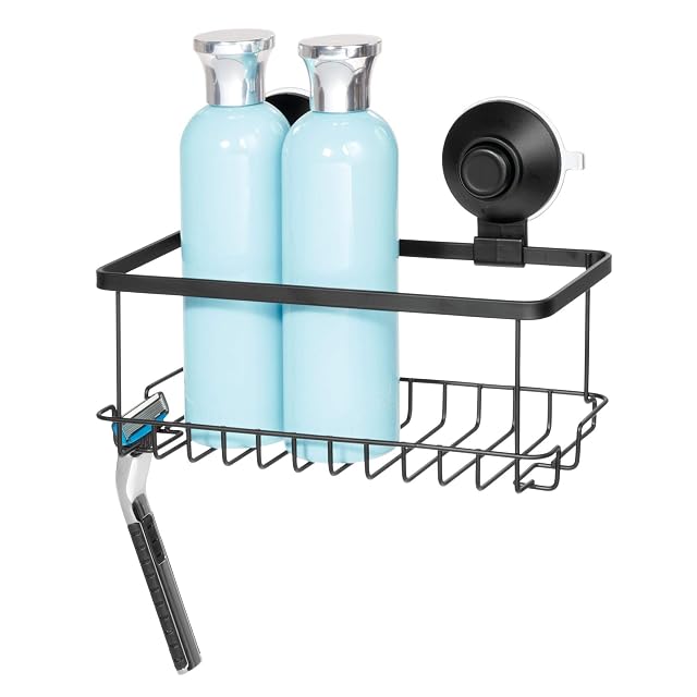 iDesign Everett Metal Push Lock Suction Shower Caddy Extra Space for Shampoo Conditioner and Soap with Hooks for