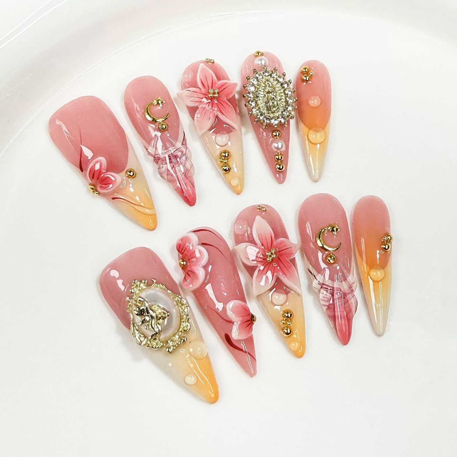 Handmade Press on Nails - Long Almond Shape Stiletto Design