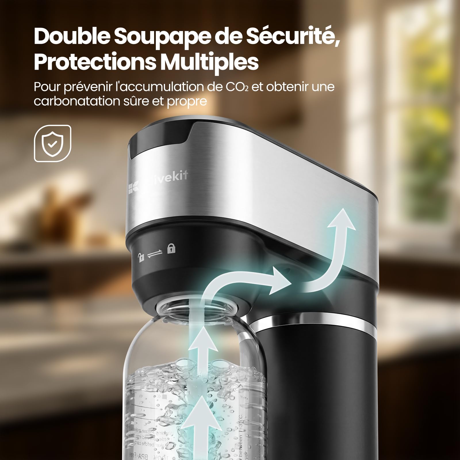 LLIVEKIT Machine à Eau Pétillante avec 4 Niveaux de Bulles, Machine à Soda avec Manomètre Visuel, 2 Bouteilles PET de 0,5 L et 1 L, Soupape de Sécurité, pour Boissons Gazeuses Domestiques, Noir