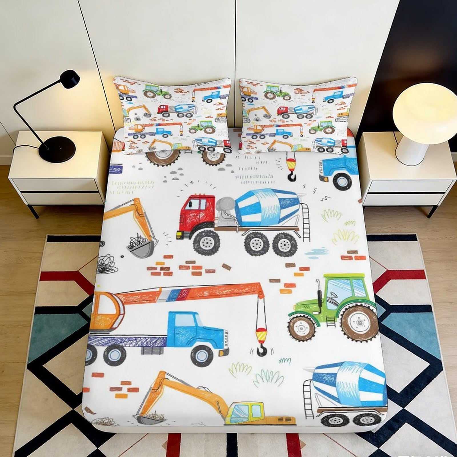 3D Printed Construction Vehicles Fitted Sheet Microfiber Soft Durable Kids Bed Sheet with Trucks and Cranes Mattress Cover for Bedroom Dorm Room Mattress Protection 180x200x25cm