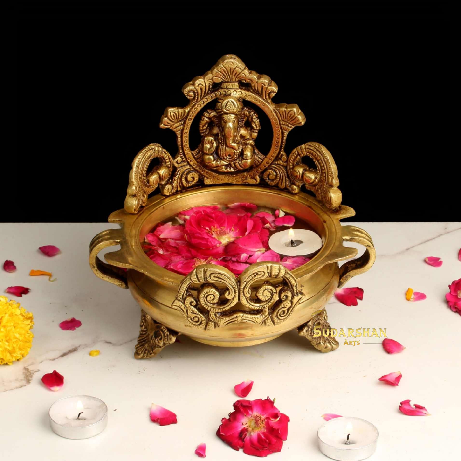 Sudarshan Arts Ganesha Brass Urli Diya lamp with Beautiful Design, Urli Decor, Urli Bowl with Ganesha Idol, Indian Houseware Home and Temple Decor-picture-27