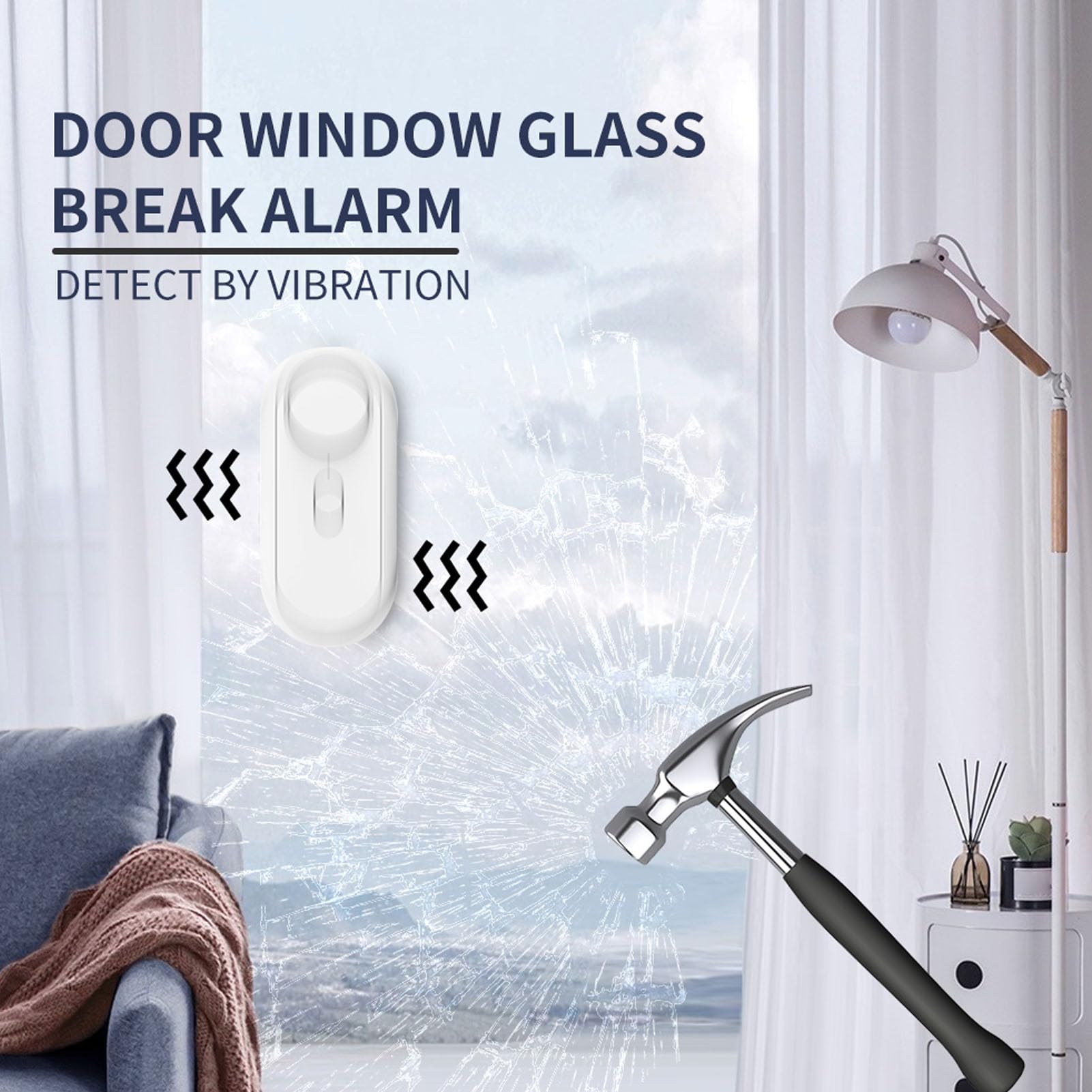 Jectse Fenster-Tür-Alarm, 120 DB Glasbruchsensor, Vibrationsalarm mit Einstellbarer Empfindlichkeit von 1–5 Stufen, für die Diebstahlsicherung von Autos und Häusern