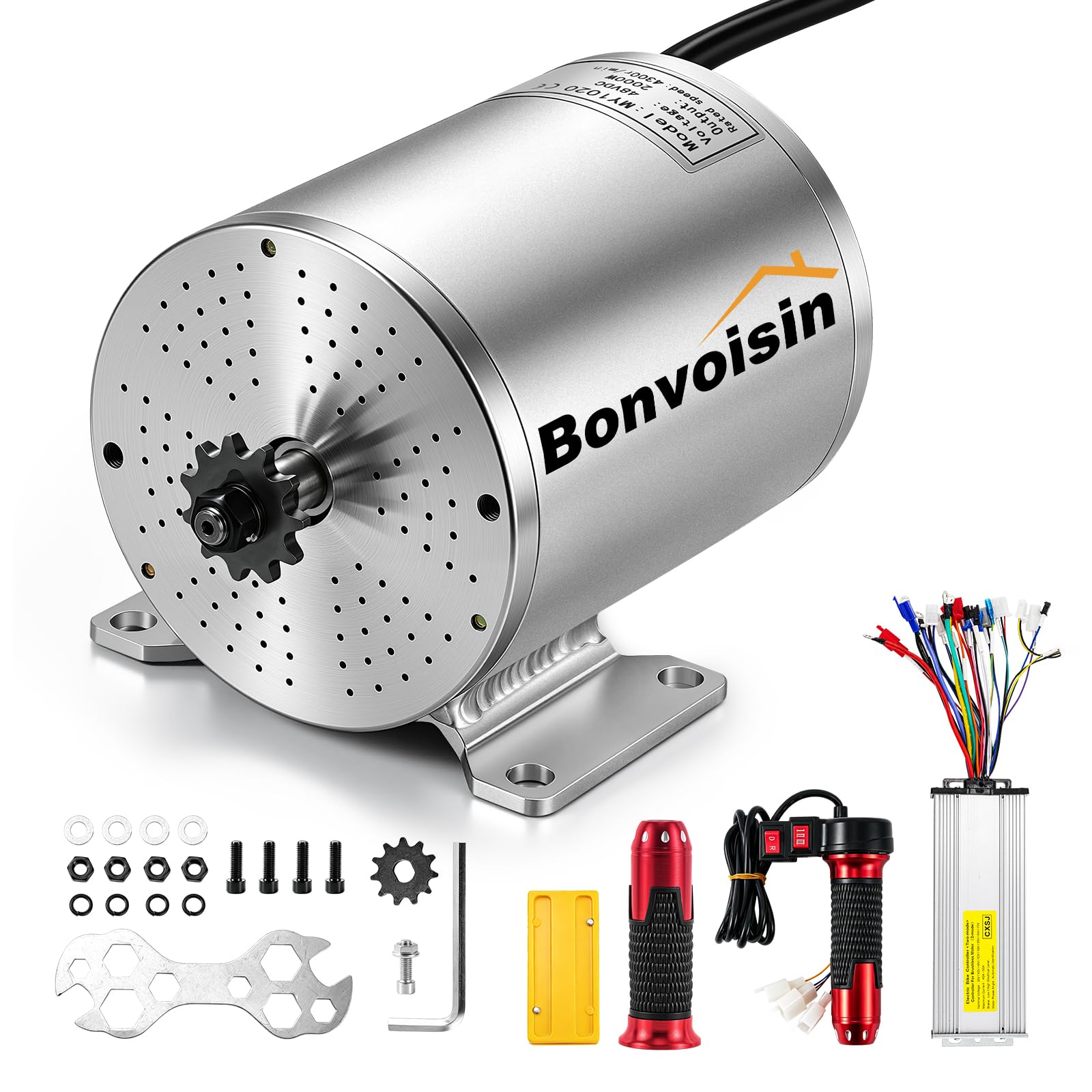 Bonvoisin Kit de Motor Eléctrico sin Escobillas de CC 48V 2000W 4300RPM | .Motor DC Brushless 48V 2000W, 5,1 N·m, Controlador 15 Mosfet Con Sensor Hall, Freno Eléctrico & Interruptor 3 Velocidades