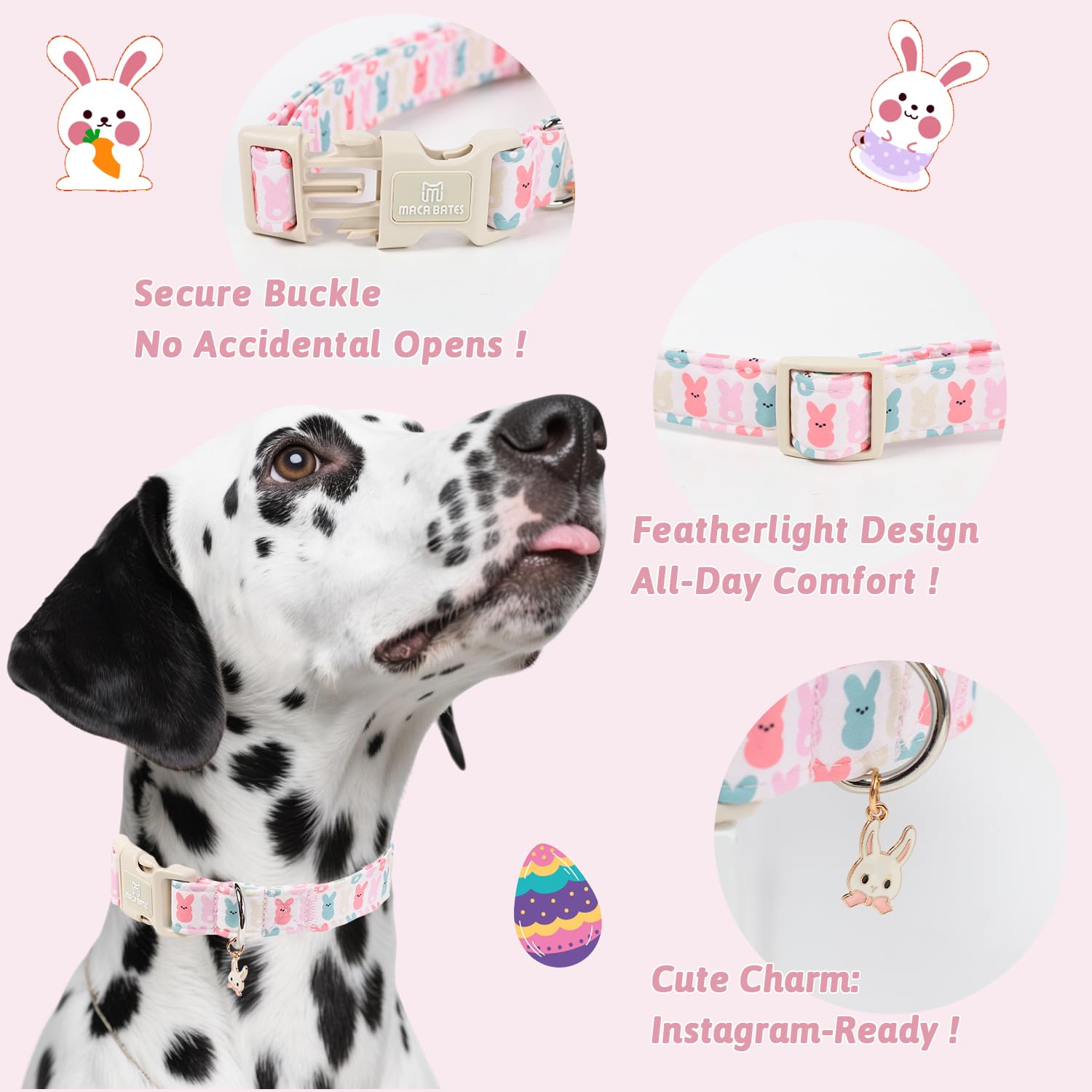 Maca Bates Easter Basic Dog Collar with Rabbit Charm for Small Girl Boy Dogs, Colorful Bunny Pattern,Adjustable Durable Soft Collars Festival Gift for Male Female Puppy - 4