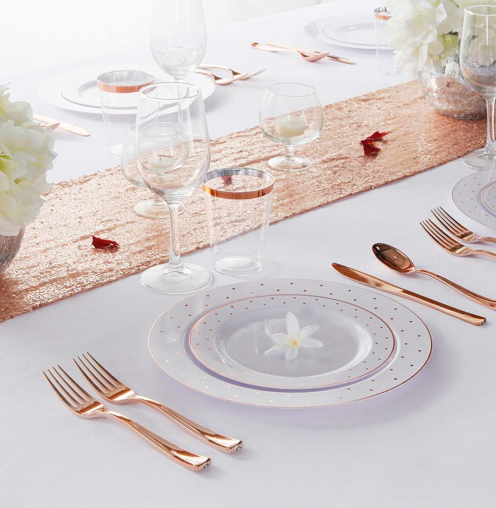I00000 150 Piece Rose Gold Disposable Dinnerware Set-50 Rose Gold Plastic Plates Disposable-25 Rose Gold Plastic Silverware-25 Rose Gold Plastic Cups for Party Wedding