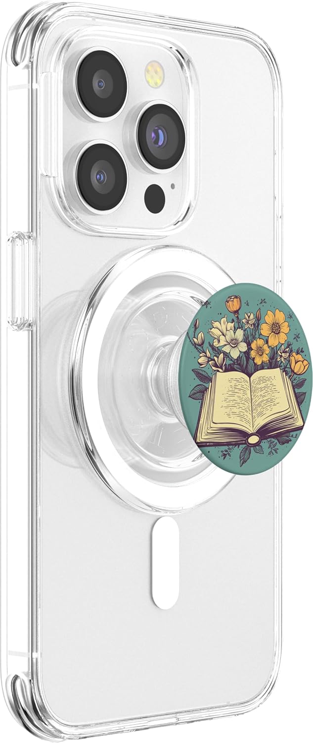 PopSockets MagSafe PopGrip for iPhone 12, 13, 14 - Clear Floral Theme Book Lovers Phone Grip