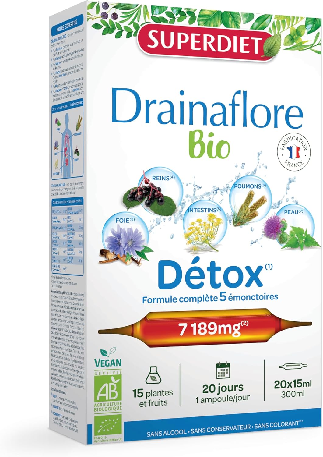 SUPERDIET -DRAINAFLORE ORGANIC – Drainage & Detox – Detox of 5 emunctories -Made in France -20 ampoules of 15 ml