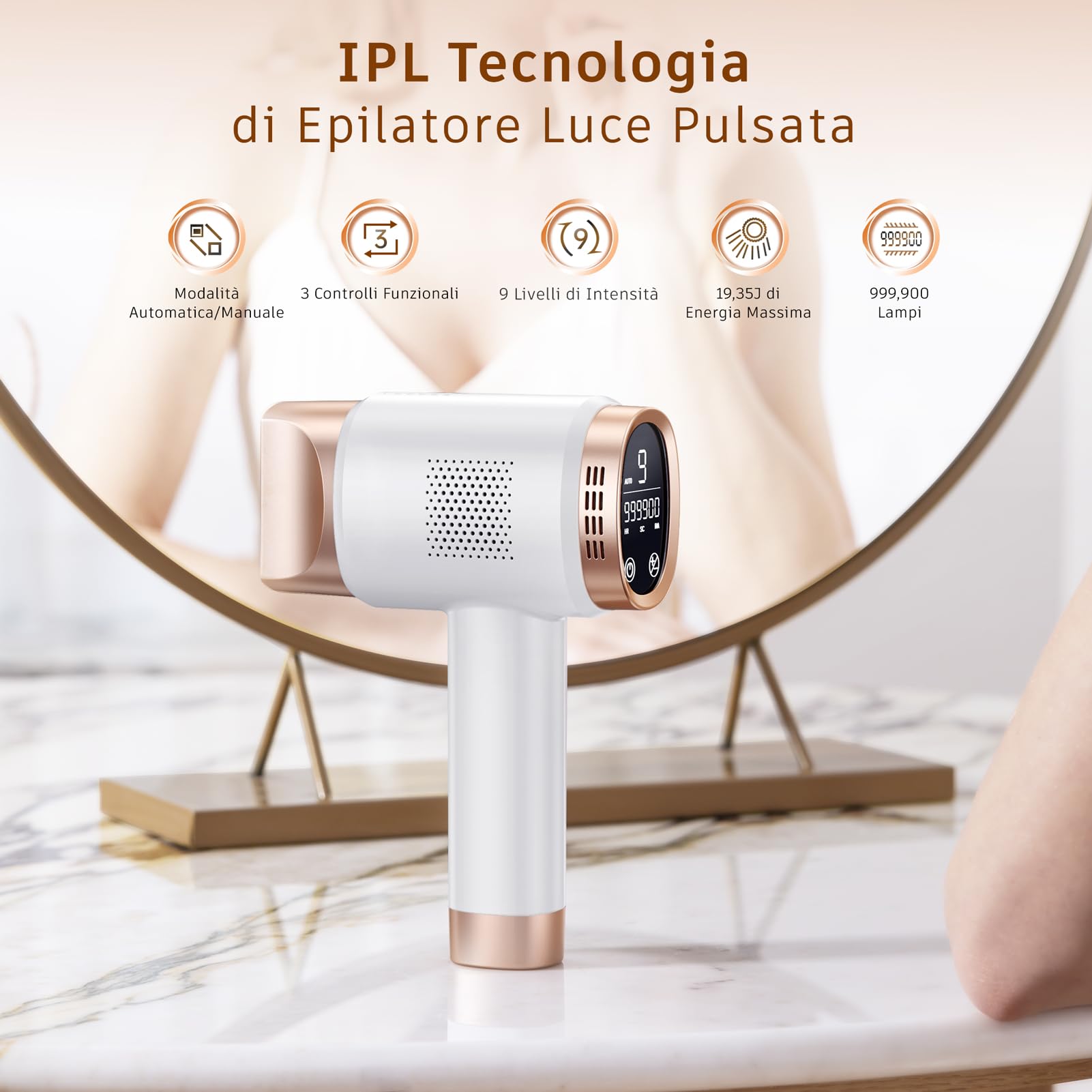 Prettivo Epilatore Luce Pulsata, IPL Luce Pulsata Epilatore Con Schermo LCD, 9 Livelli di Energia, 999,900 Lampi, 3 In 1 Modalità HR/SC/RA,Epilatore a Luce Pulsata Per Braccio, Gamba, Corpo, Bikini