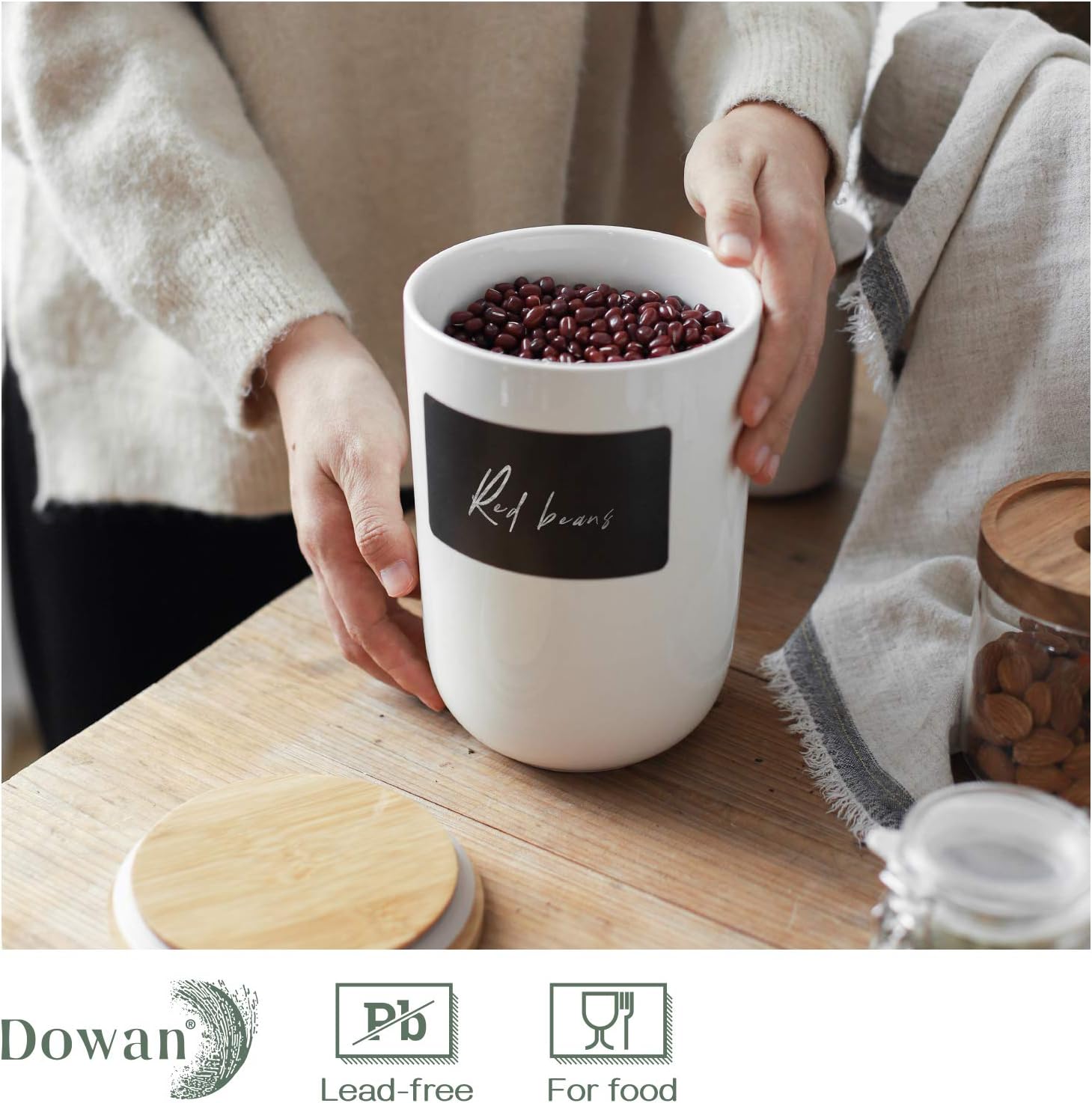 DOWAN Coffee Canister, 42 OZ (1520 ML) Kitchen Canisters with Airtight Lid & Chalkboard, Farmhouse White Ceramic Canisters, Food Storage Containers for Coffee, Sugar, Tea, Salt