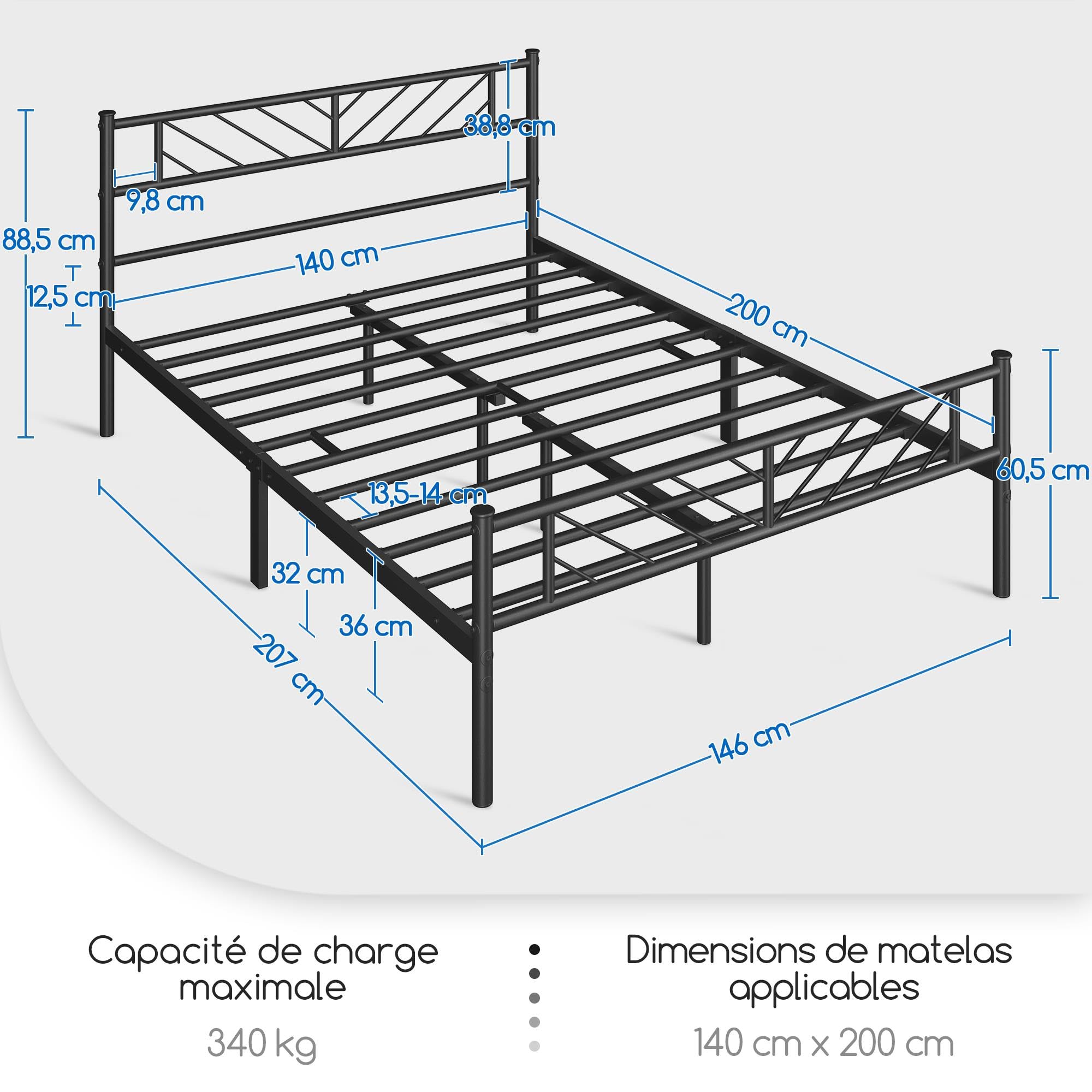 Yaheetech Cama Doble de Metal Base para Colchón 140 x 200 cm con Cabecera Moderna Negro