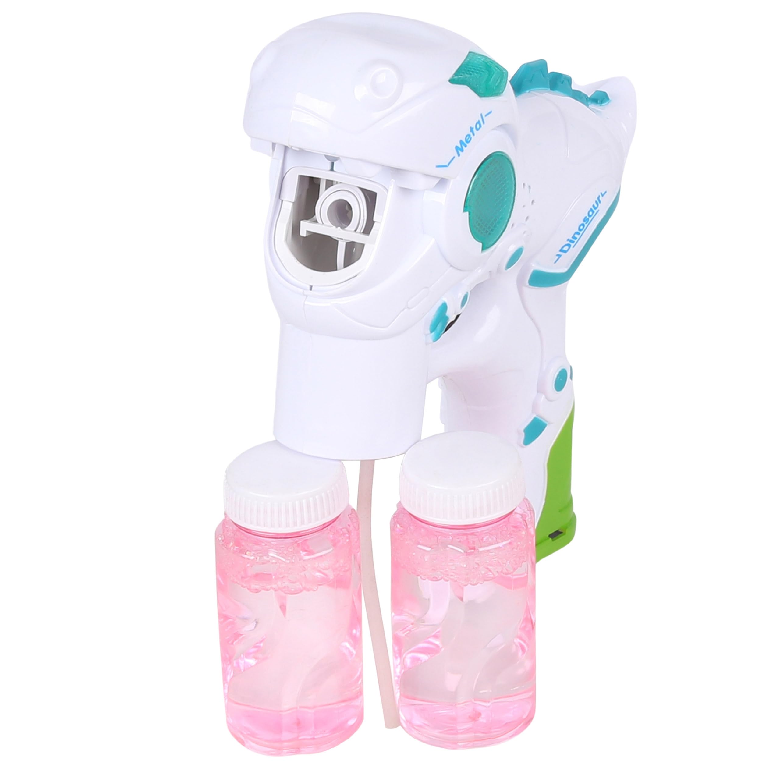 Dinosaur Bubble Gun with LED and Sound, Includes 2 Bottles of Liquid (Universal, White) - Image 3