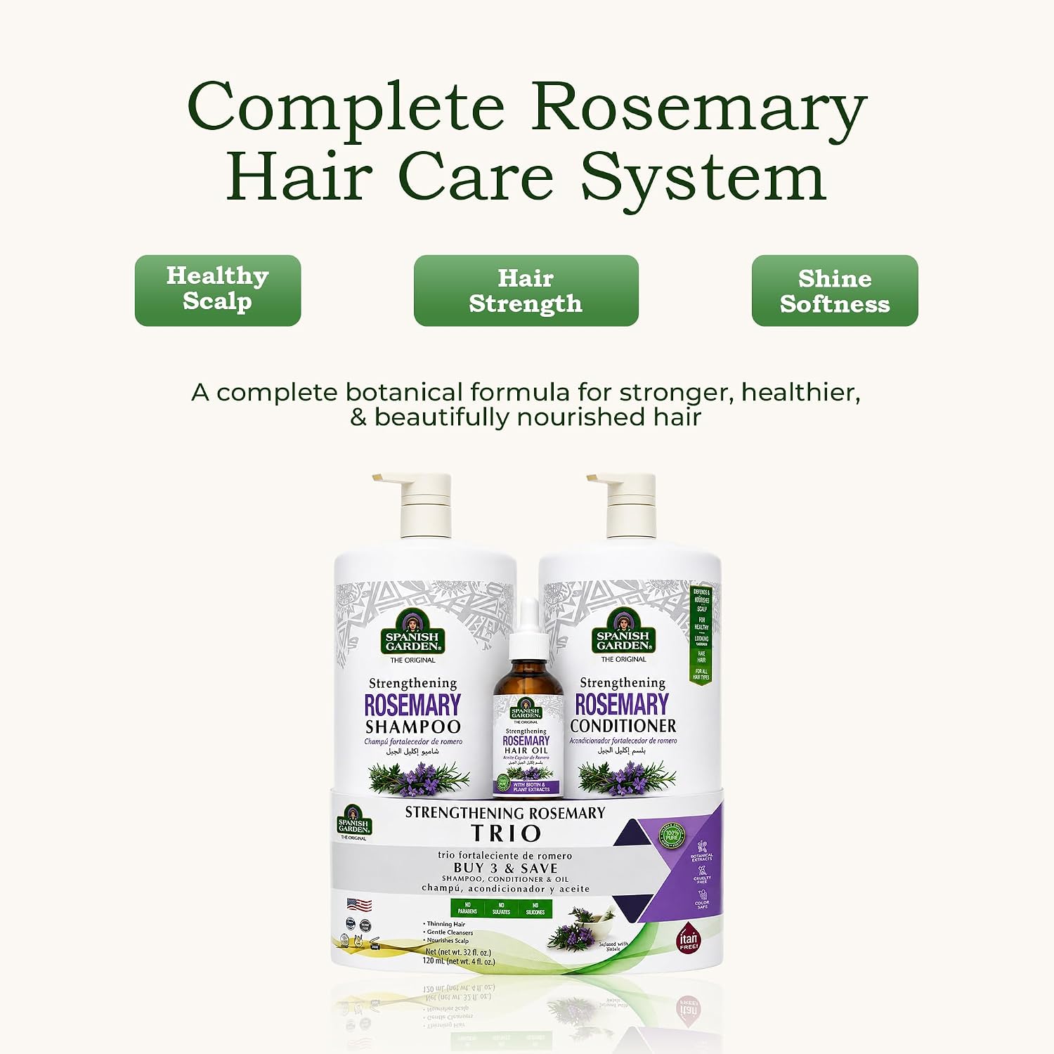 Spanish Garden Rosemary Hair Strengthening Shampoo & Conditioner Set with Nourishing Hair Oil for Deep Scalp Care - Suitable for All Hair Types Men & Women Daily Hair Care Routine Kit image 2