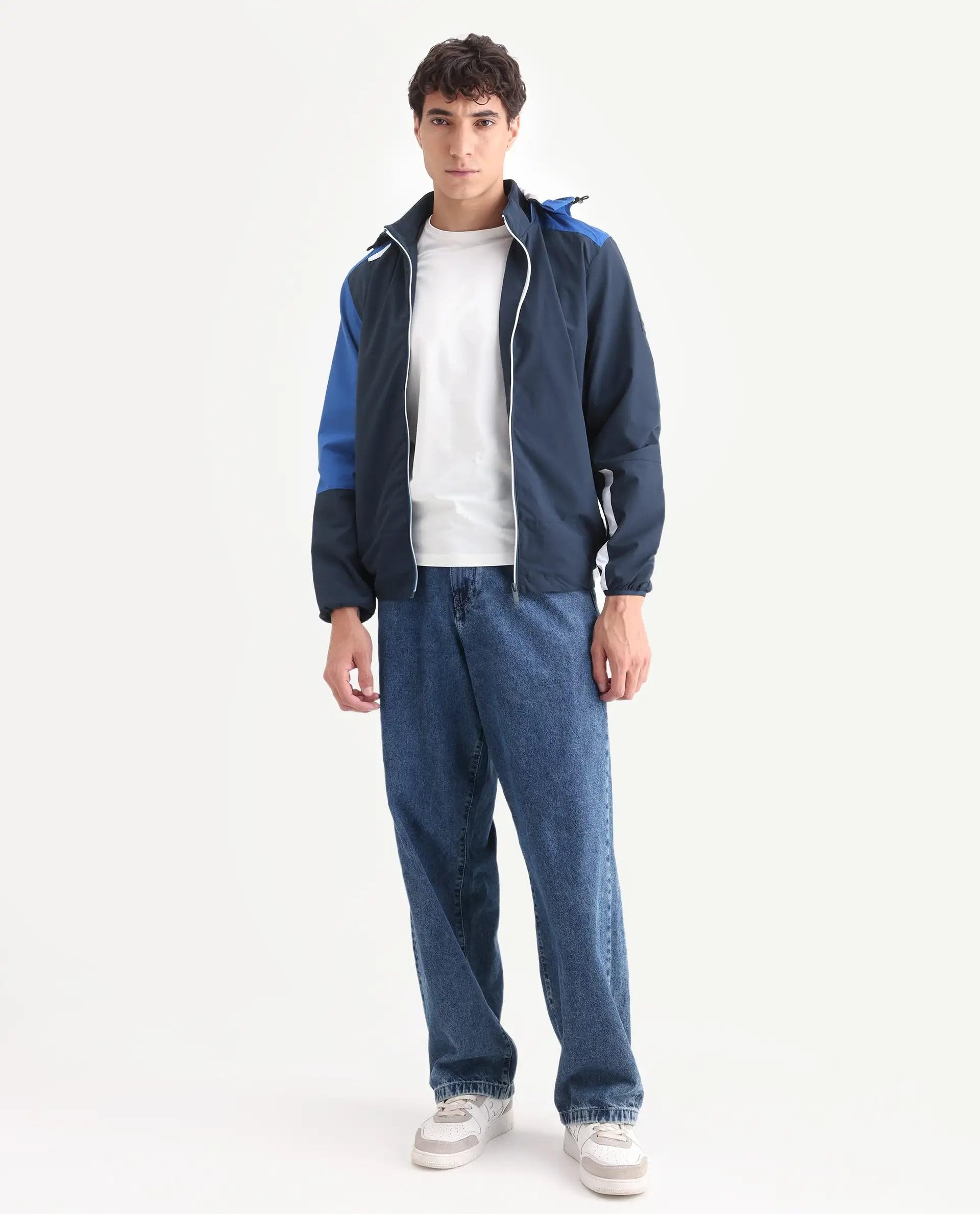 RARE RABBIT Men's Wando Dark Blue Polyester Blend Ombre Regular Fit Full Sleeve Hooded Jacket 1