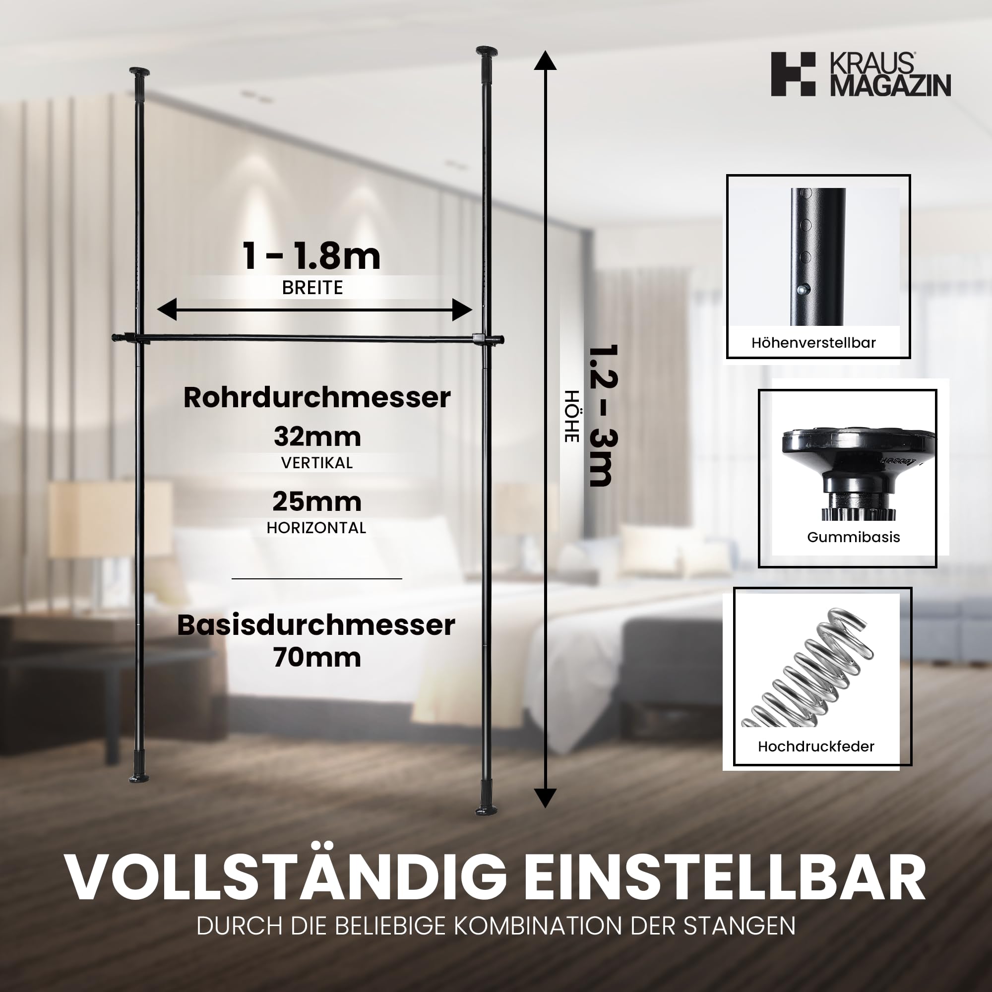 Raumteiler Paraventgestell Gardinenstange | Sehr Stabil & Flexibel Verstellbar | Paravent ohne Vorhang, Sichtschutz B 180 cm x H 300 cm, Schwarz