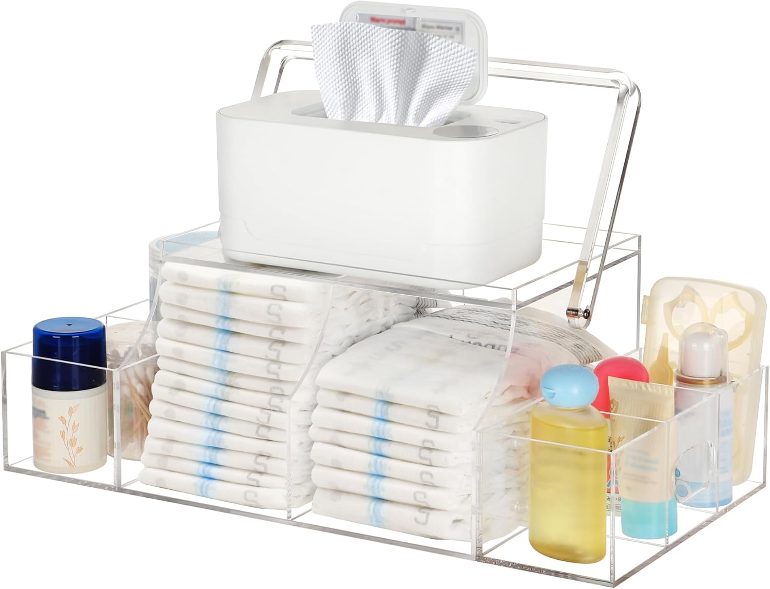 Diaper Caddy Organizer, Acrylic Diaper Organizer for Changing Table, Baby Caddy Organizer with Handle for Diapers, Nursery, Wipe Dispenser, Wipe Warmer