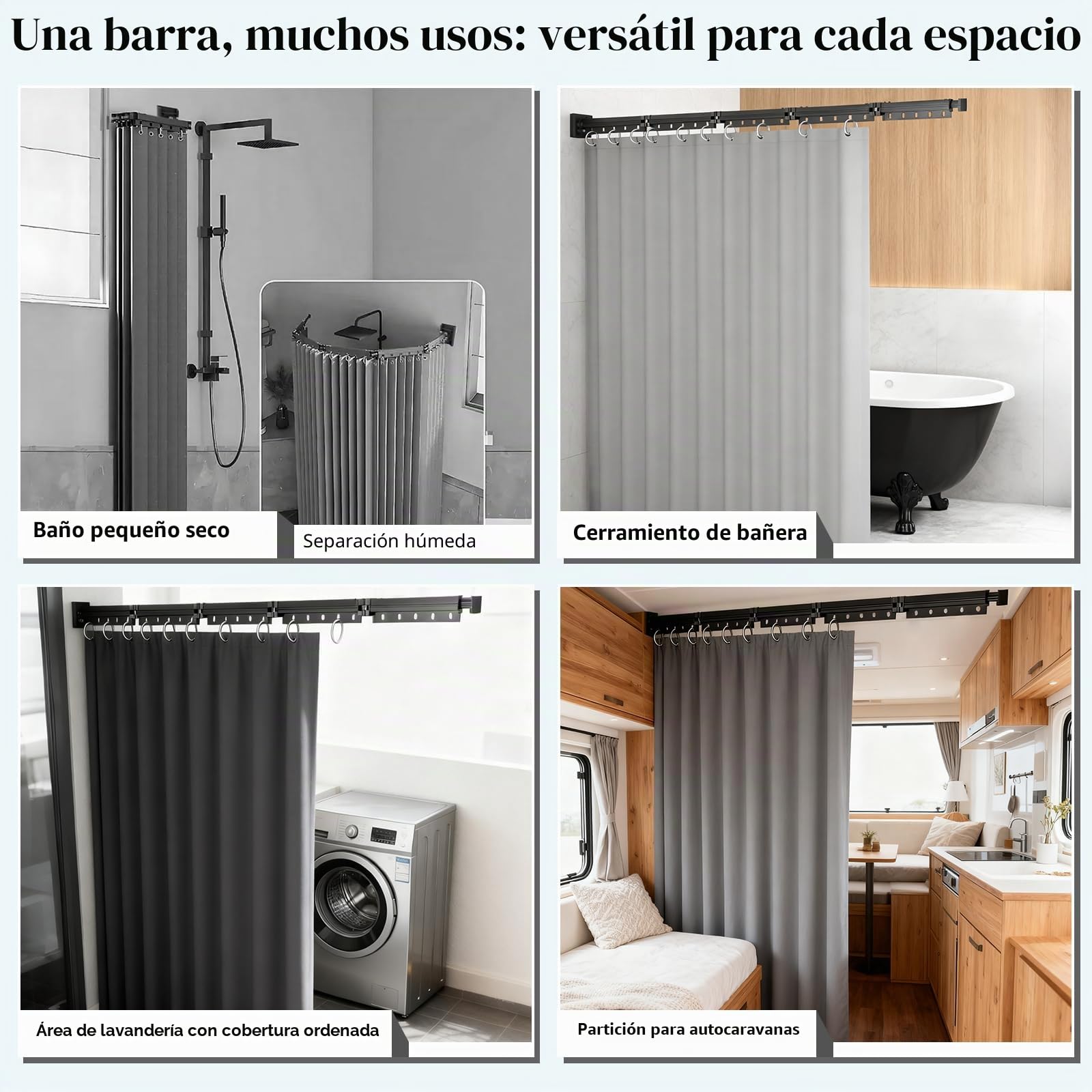 Barra Cortina Ducha Plegable de Pared, Barra Ducha Esquina, 1,8 m × 2 m Cortina Impermeable y Antimoho, Sin Taladrar, Plegable Forma en U/L/Recta, para Baños Pequeños, Vestuarios, Autocaravanas