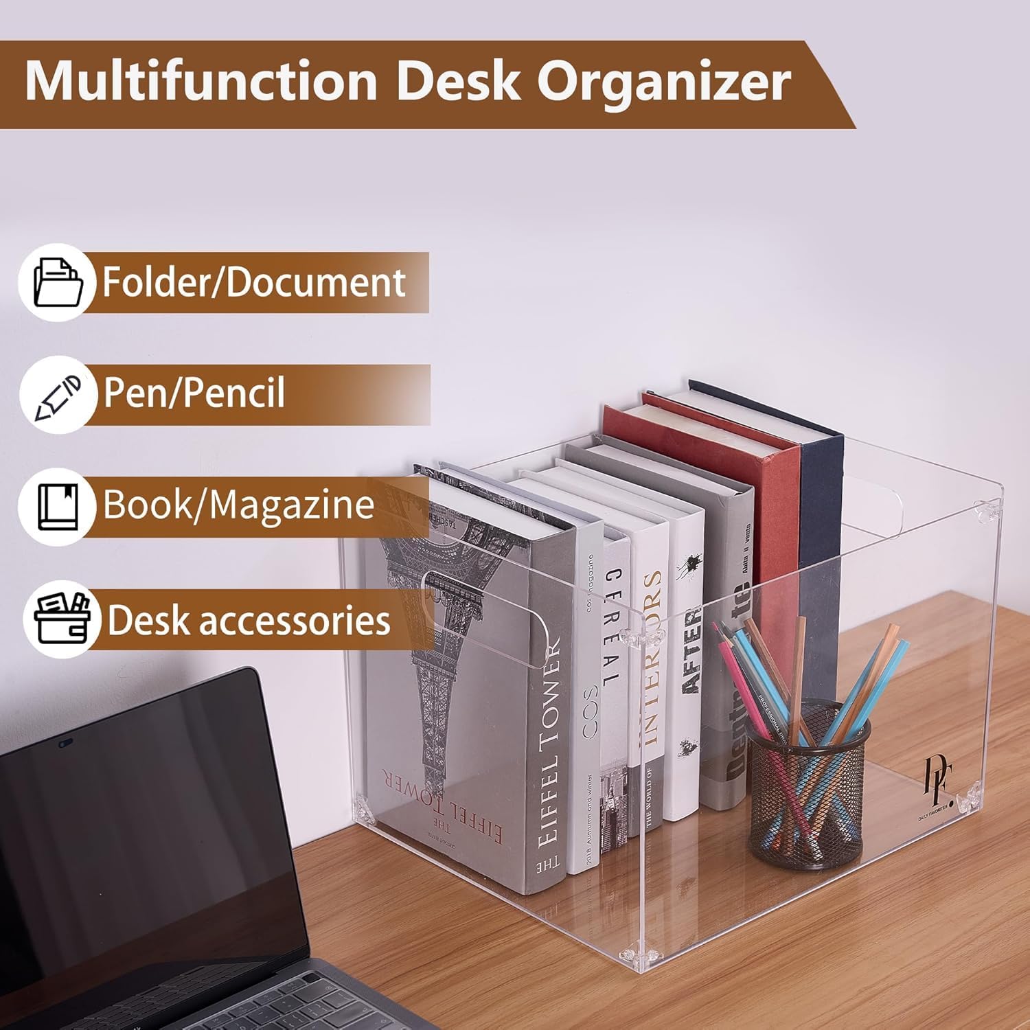 Acrylic File Organizer for Desk Box with Handles - Clear File Box Holder for Letter Size A4 - Desktop Acrylic Desk Organizer for Office - Without Partition