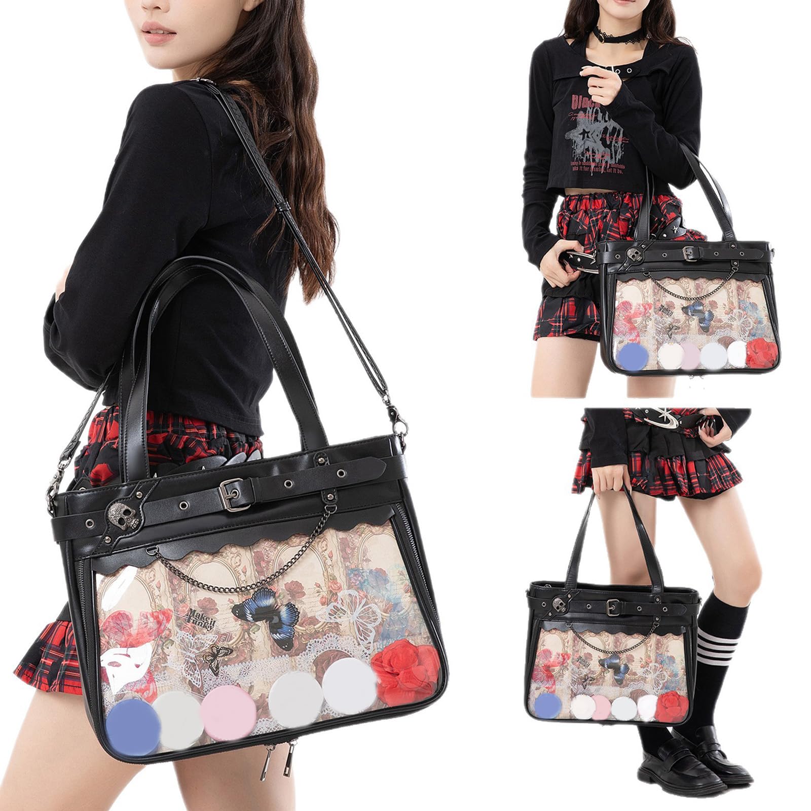 Borsa a tracolla giapponese per cosplay con finestra trasparente, tasche multiple e tracolla regolabile in pelle PU borsa a tracolla anime