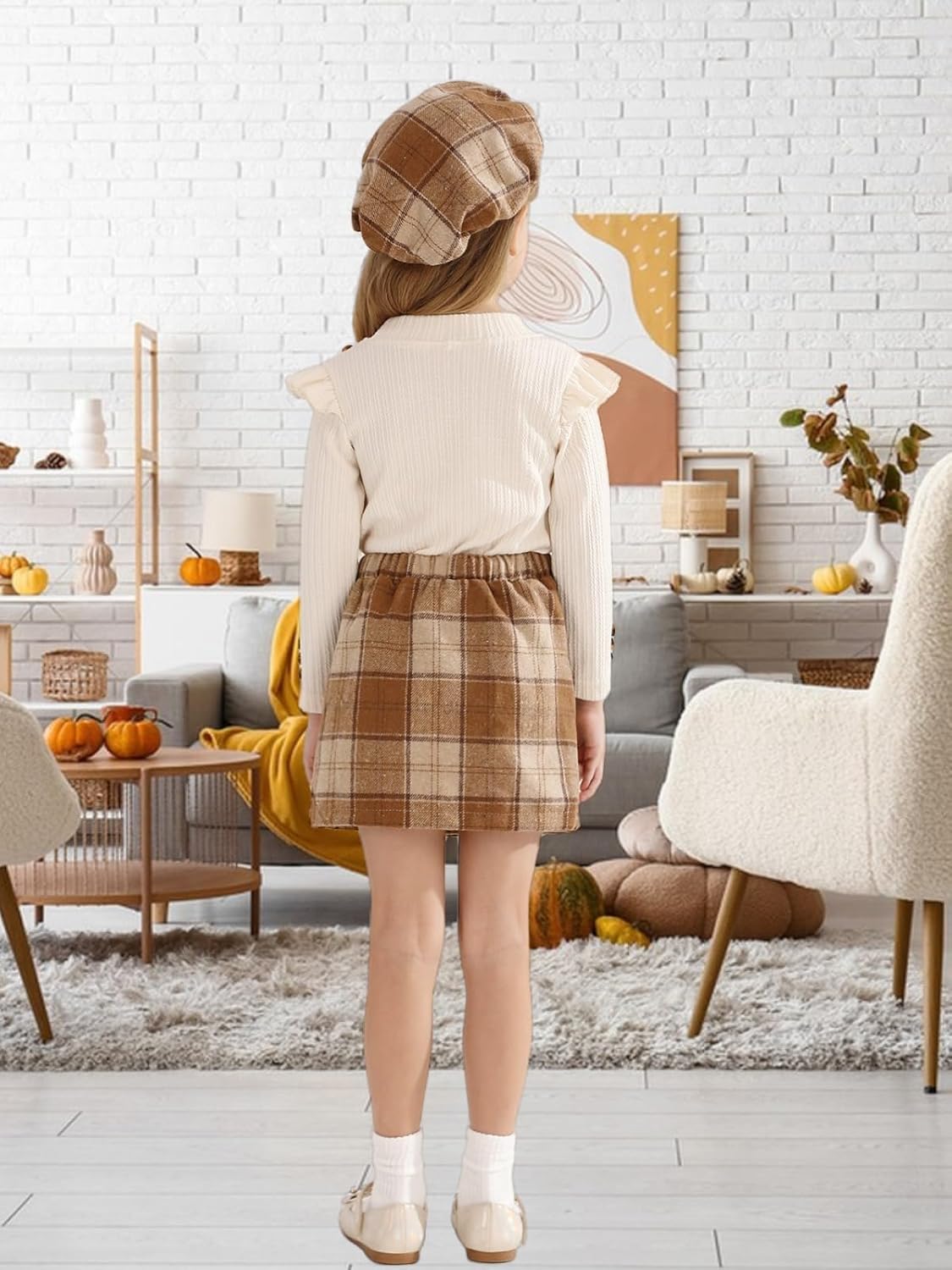 Patgoal Toddler Girls Fall Winter Clothes 3 Piece Outfits Kids Long Sleeve Ribbed Knit T Shirt Sweater Plaid Mini Skirt Set - Image 3