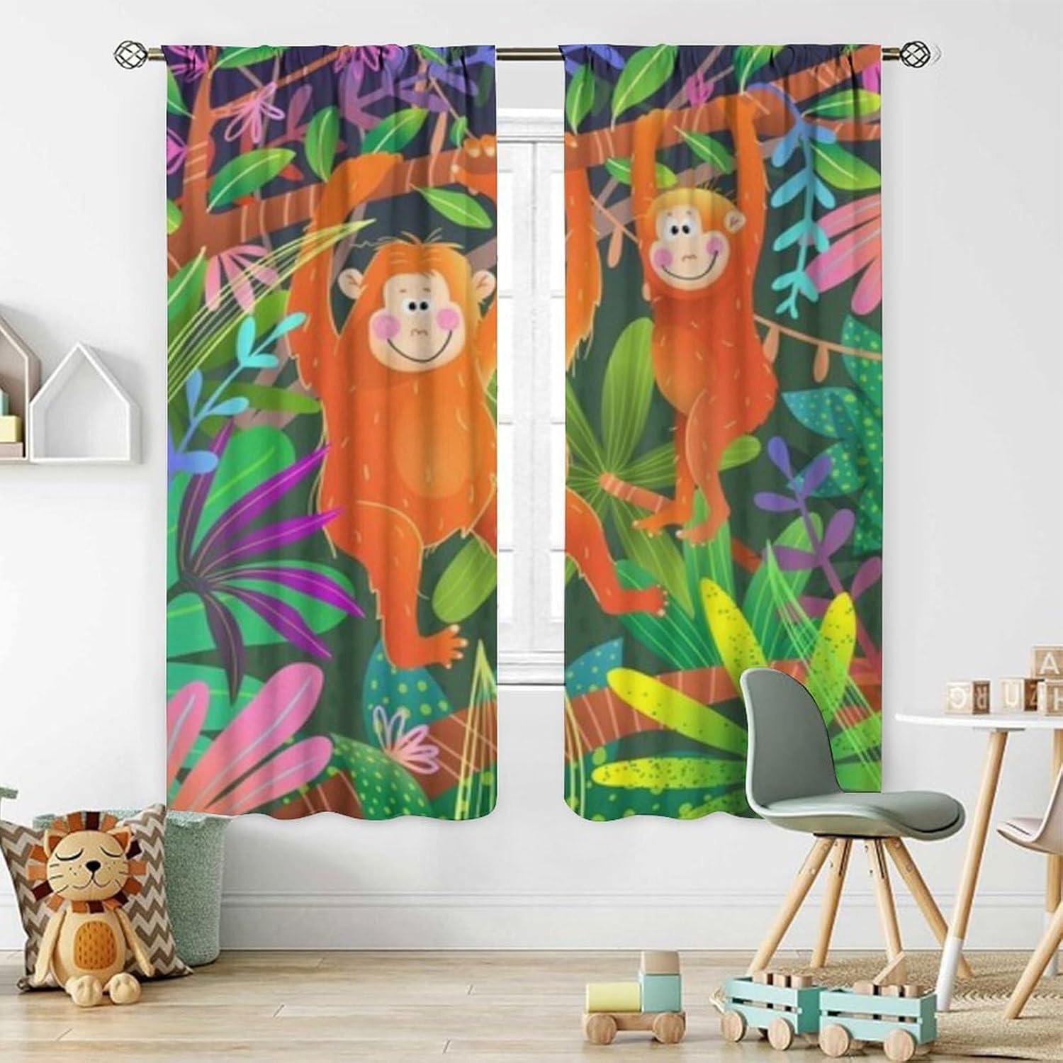 Monkey Curtains Animal Print Jungle Theme, Colorful Rainforest Curtains for Nursery Living Room Bedroom, 2 Panels W52xL84 Inch