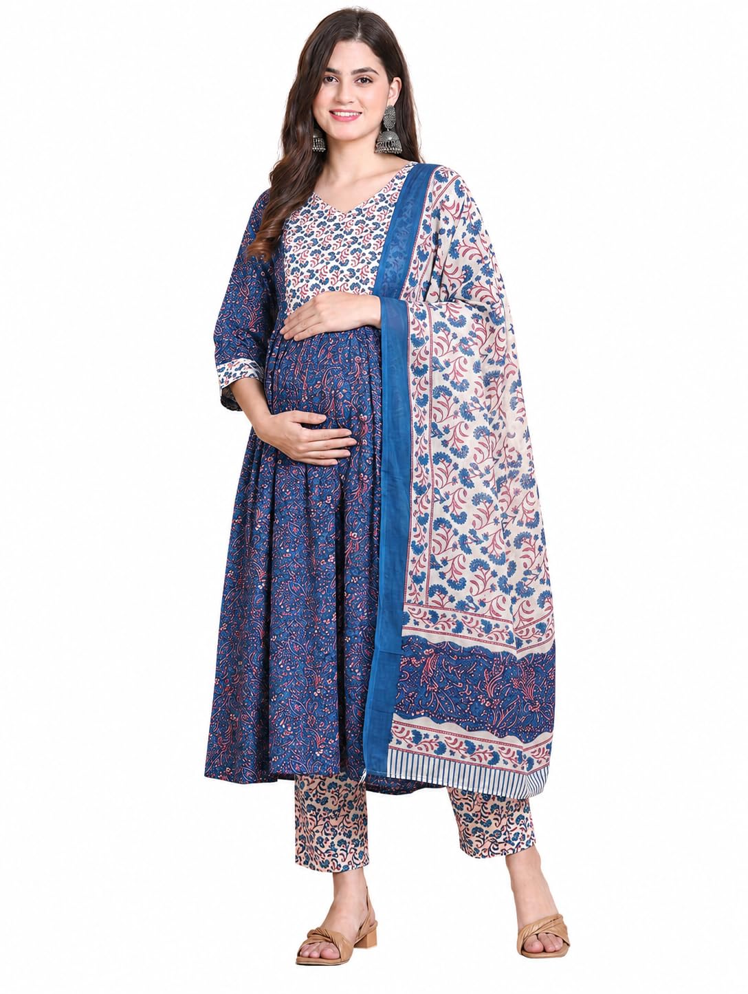 Women Viscose Rayon Anarkali Maternity and Nursing Kurta Set with Dupatta - Blue Floral and Geometric Pattern, 3/4 Sleeves, Comfortable Fit-image-6