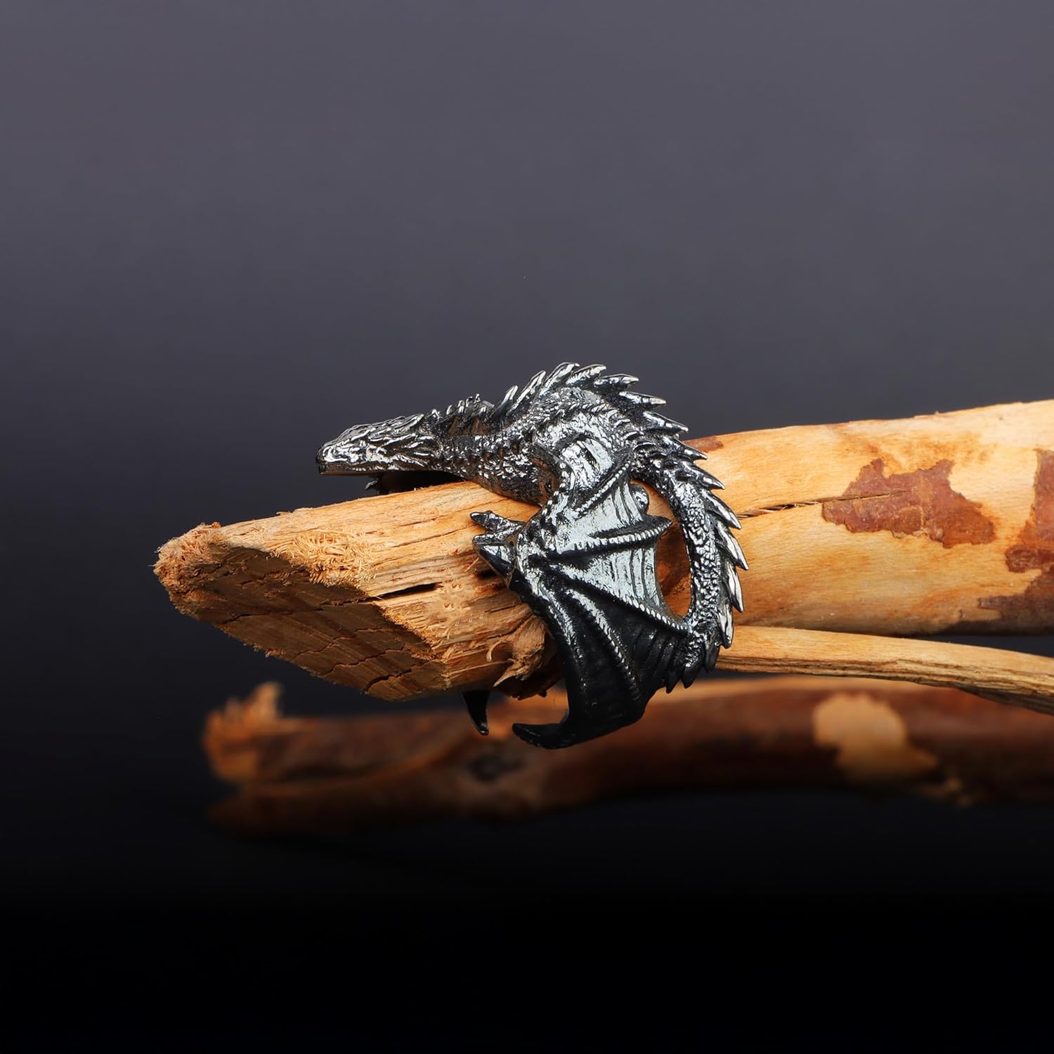 David Black Solid 925 Sterling Silver Dragon Ring for Men & Women – Adjustable Gothic Viking Jewelry, Fantasy Statement Ring, Handmade Silver Gift for Him & Her