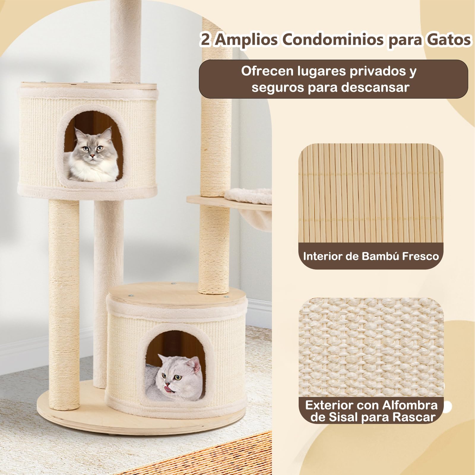 GYMAX Árbol Alto para Gatos, Centro de Actividades Multinivel para Gatitos, Torre con Postes Rascadores de Sisal, 2 Espaciosos Condominios, Percha Superior de Felpa, Hamaca, Pelota, Cubierta Removible