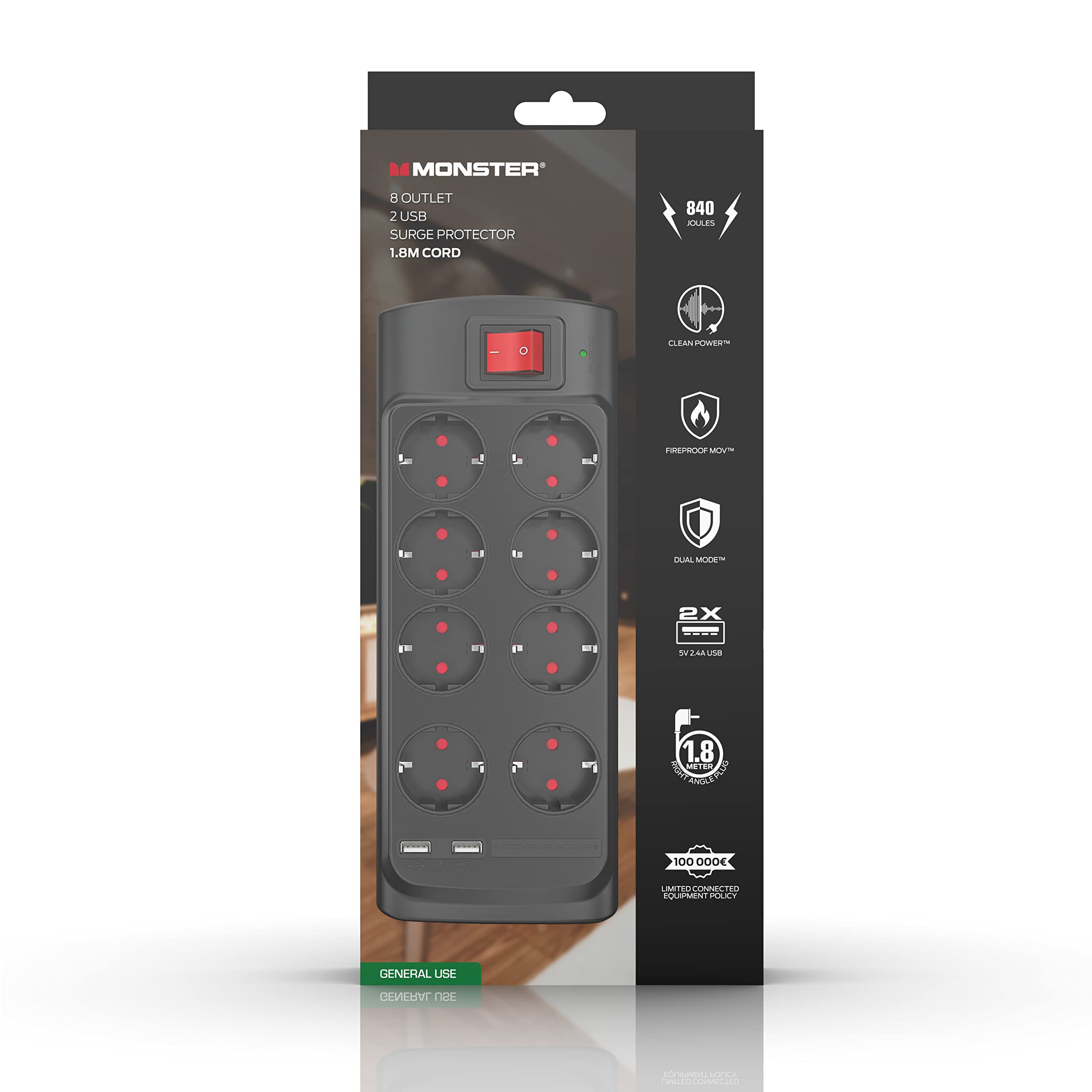 Monster - Multiprise - 8 Prises + 2 USB avec Interrupteur - 1,8 m - Noir