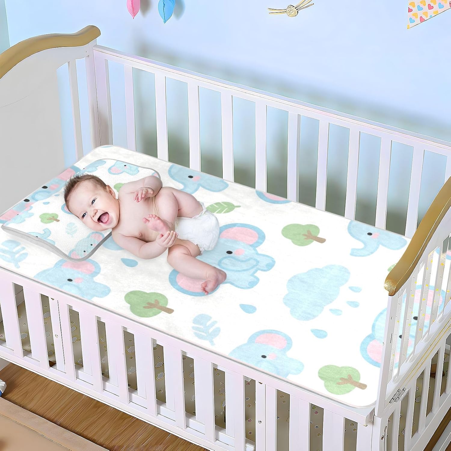 Cute Cartoon Blue Elephant Cooling Baby Mattress Protector Pads 28" x 52" Ultra Soft Mattress Protector Pads for Baby&Toddler