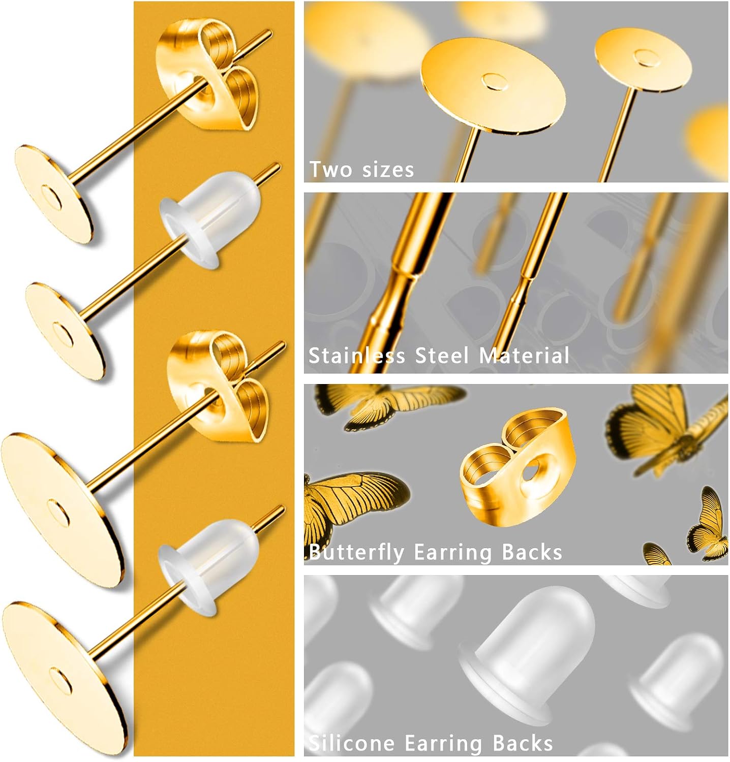 Gold Earring Posts Stainless Steel, Hypoallergenic Flat Pad Earring Studs image 3