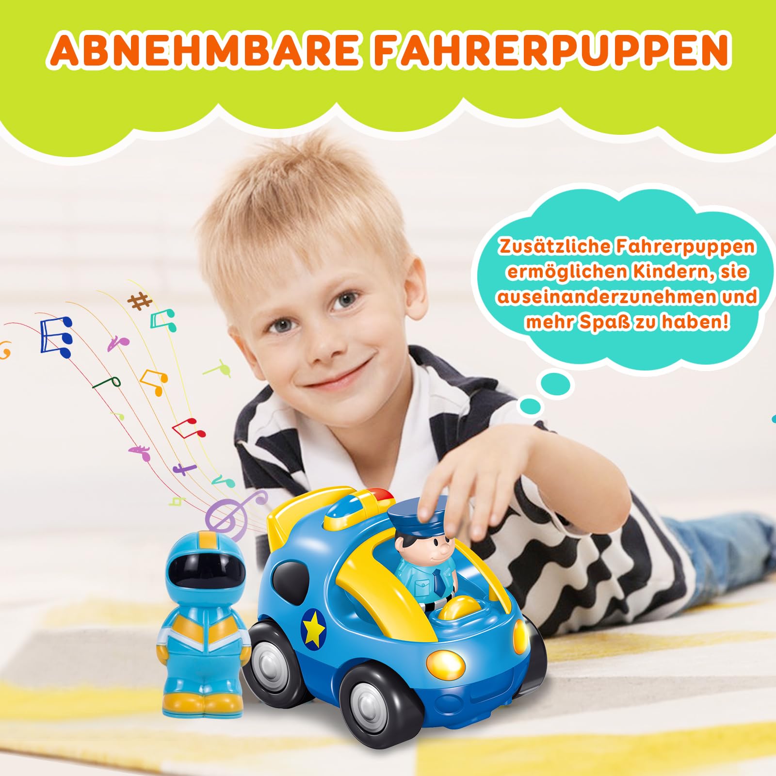 Pup Go Fernbedienung Cartoon Polizeiauto für Kinder 1 2 3 Jahre, Ferngesteuertes Auto Spielzeug mit Musik und Licht, Radio Control Rennwagen Kinderspielzeug, Ideal RC Auto Geschenk für Junge