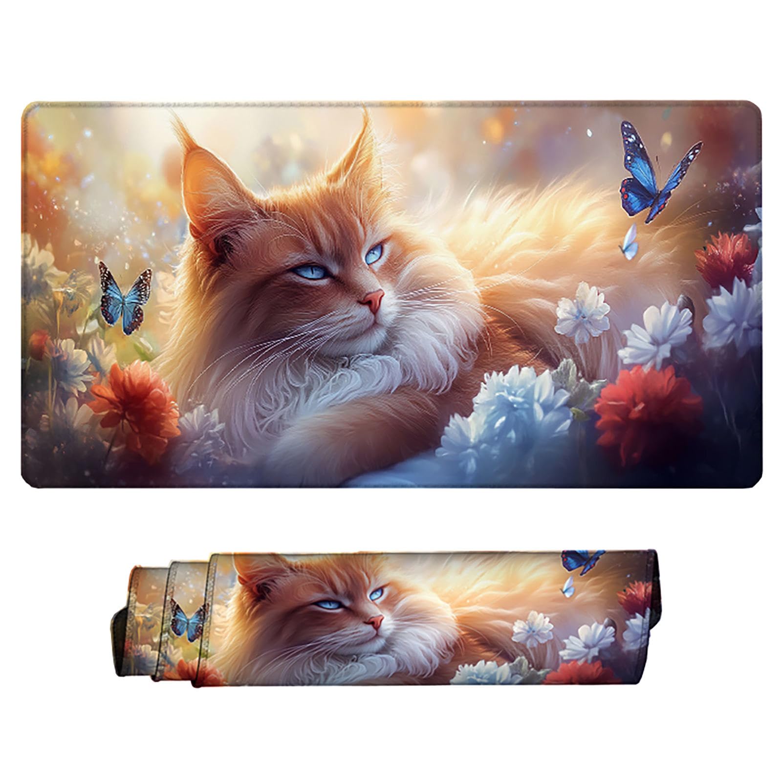 Żółta podkładka pod mysz XXL, podkładka na biurko, 1200 x 600 cm, szyte krawędzie, podkładka pod mysz, gumowa podstawa, kot, podkładka pod mysz, stabilna przyczepność na gładkich